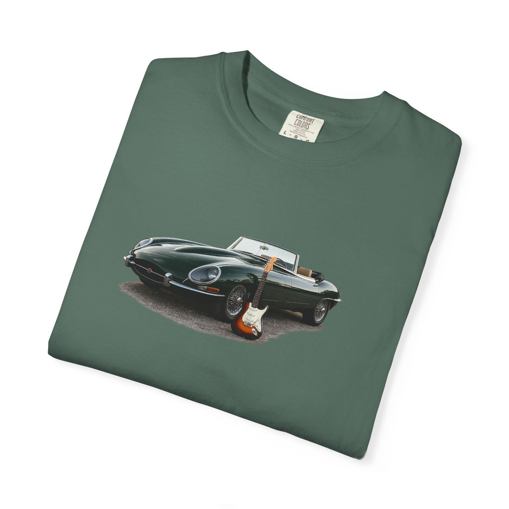 Classic Sports Car Tee — Vintage Jaguar with Guitar Graphic