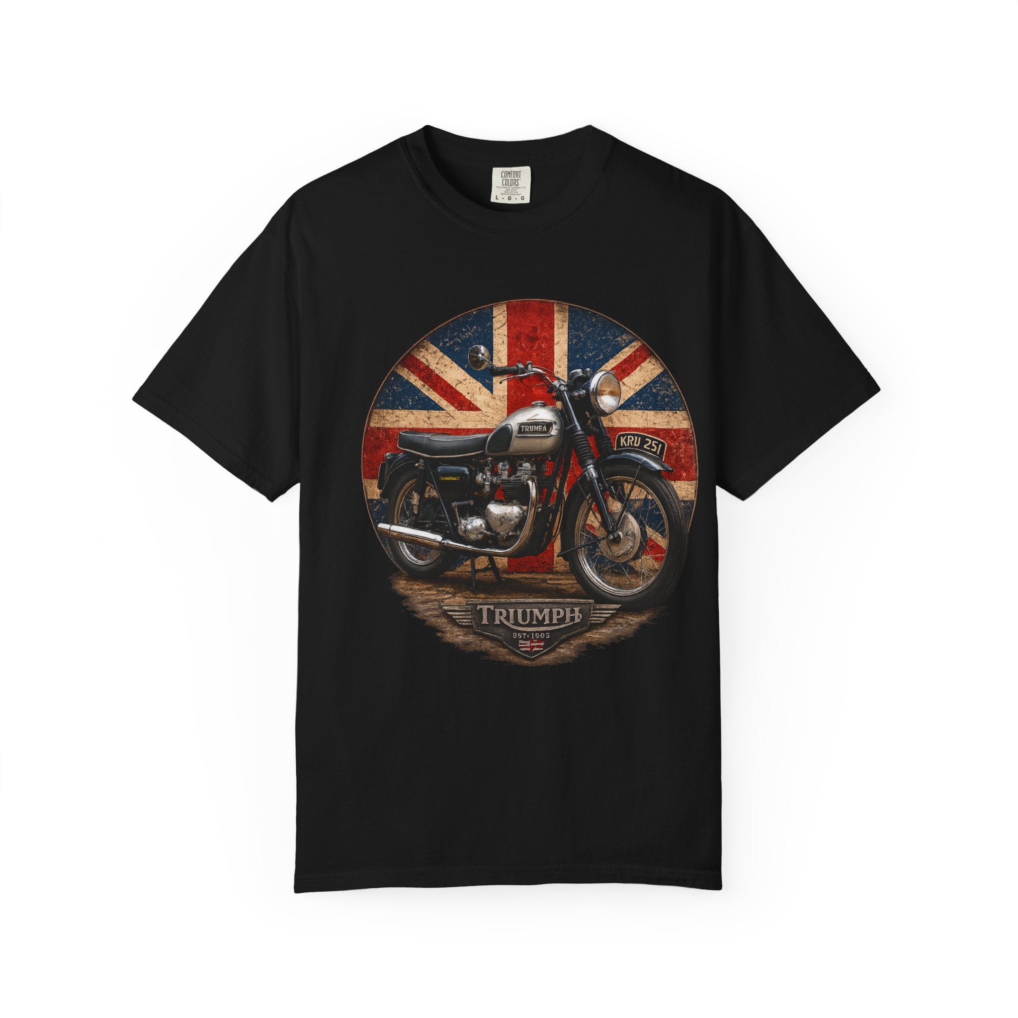 Classic Triumph Motorcycle T-Shirt — Vintage British Flag Ride Tee