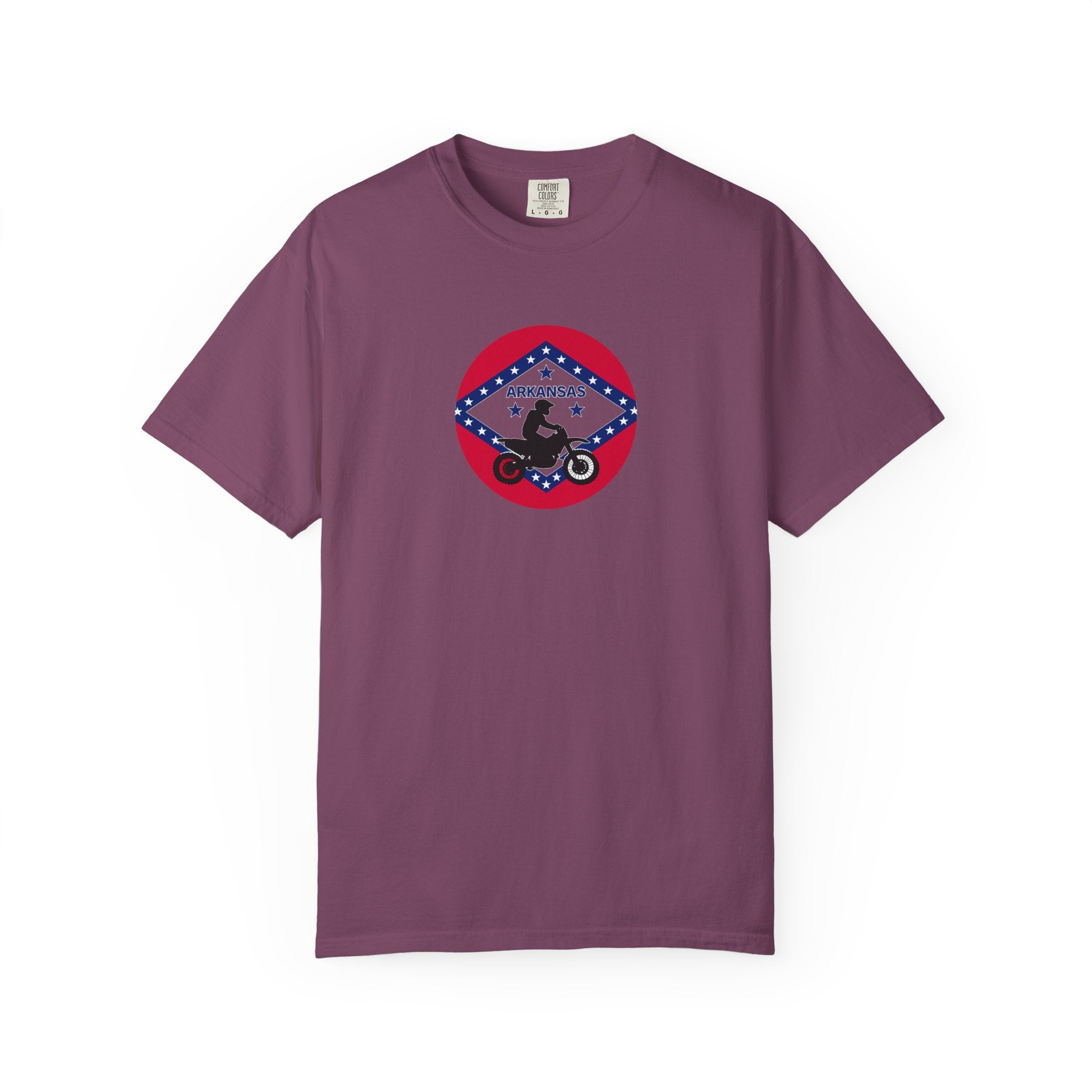 Copy of Arkansas Motorcycle Rider Graphic T-Shirt — State Flag Circle Design