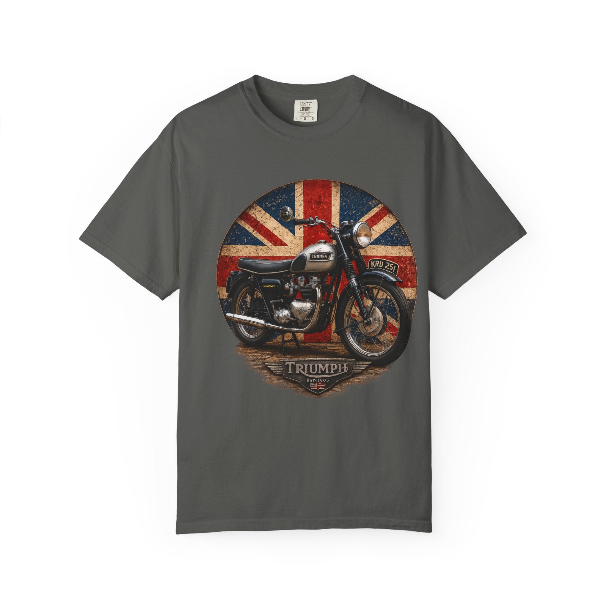 Classic Triumph Motorcycle T-Shirt — Vintage British Flag Ride Tee
