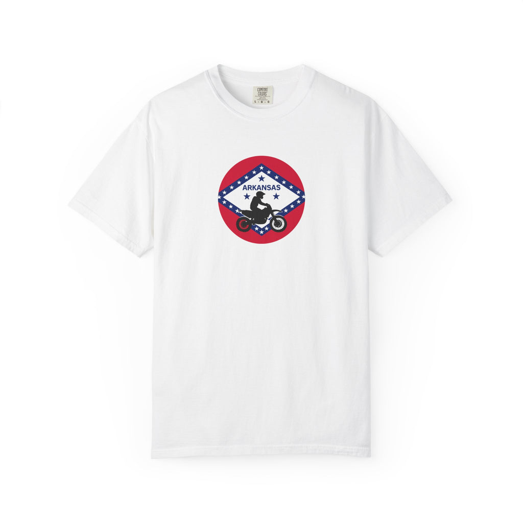 Arkansas Motorcycle Rider Graphic T-Shirt — State Flag Circle Design