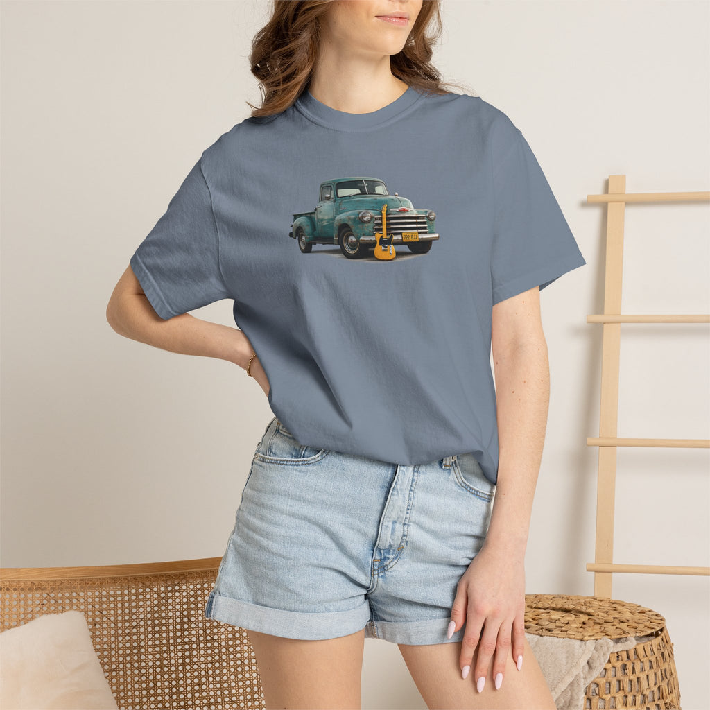 Vintage Pickup Truck & Guitar T-Shirt — Retro Americana Tee for Musicians & Classic Car Fans