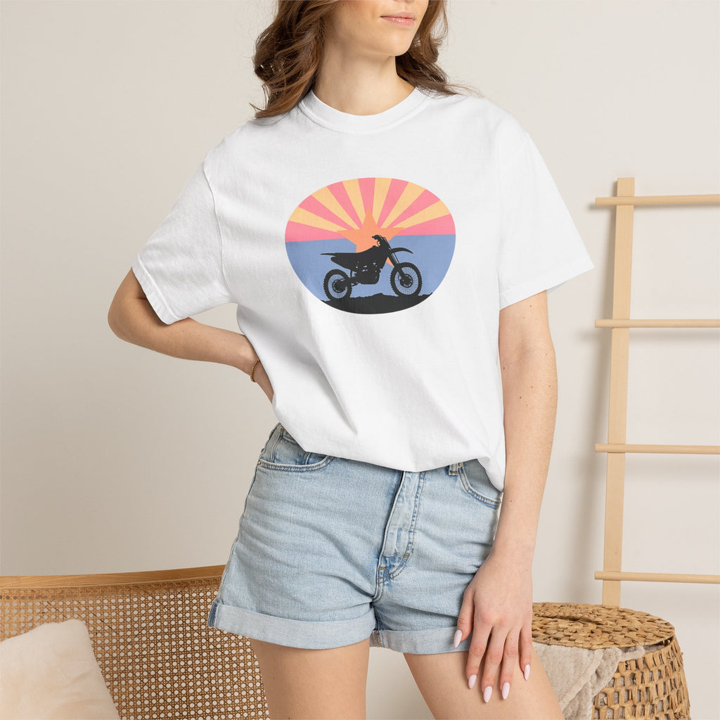Sunset Motorcycle T-Shirt — Retro Bike Silhouette Tee