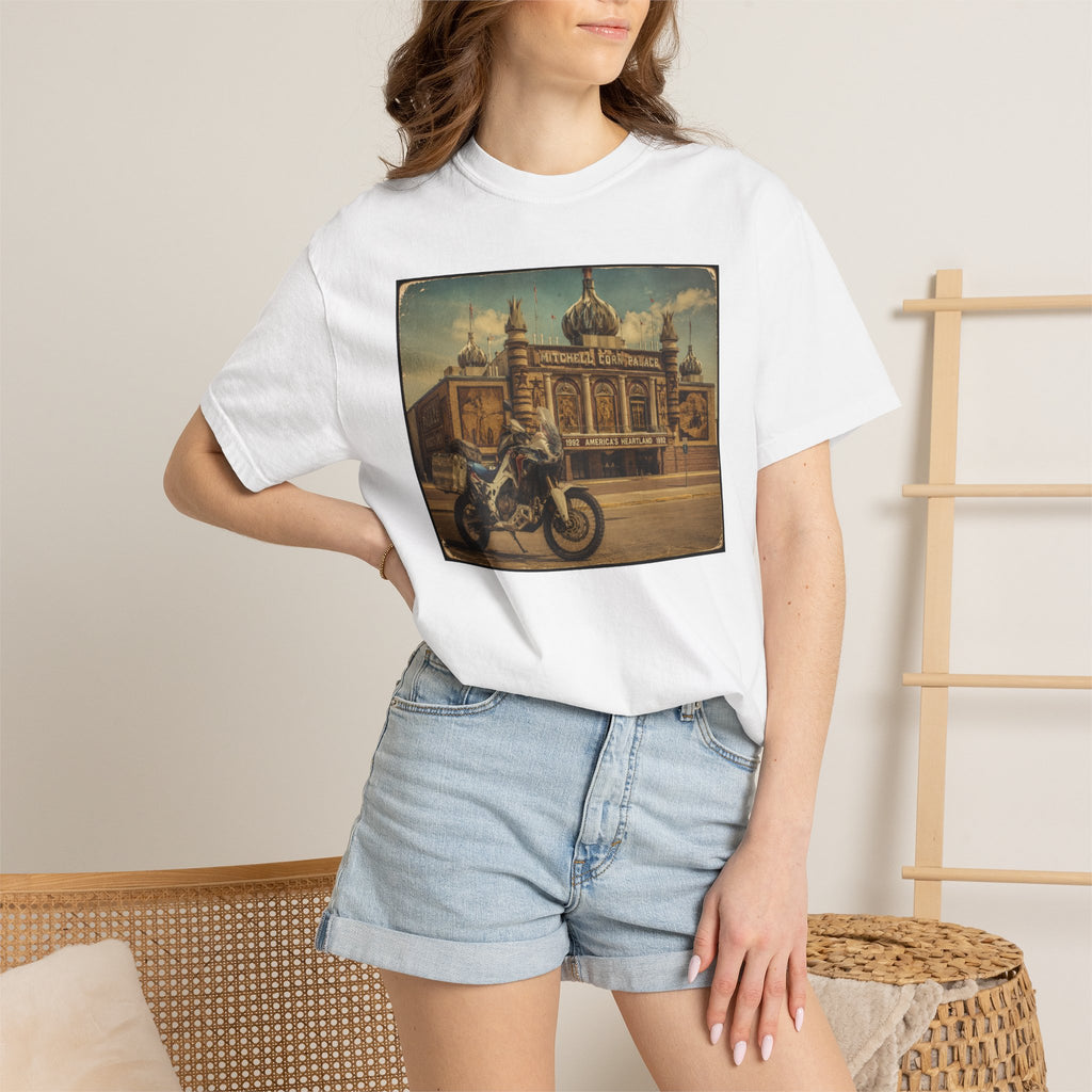 Vintage Motorcycle T-Shirt — Rider in Front of Historic Cathedral