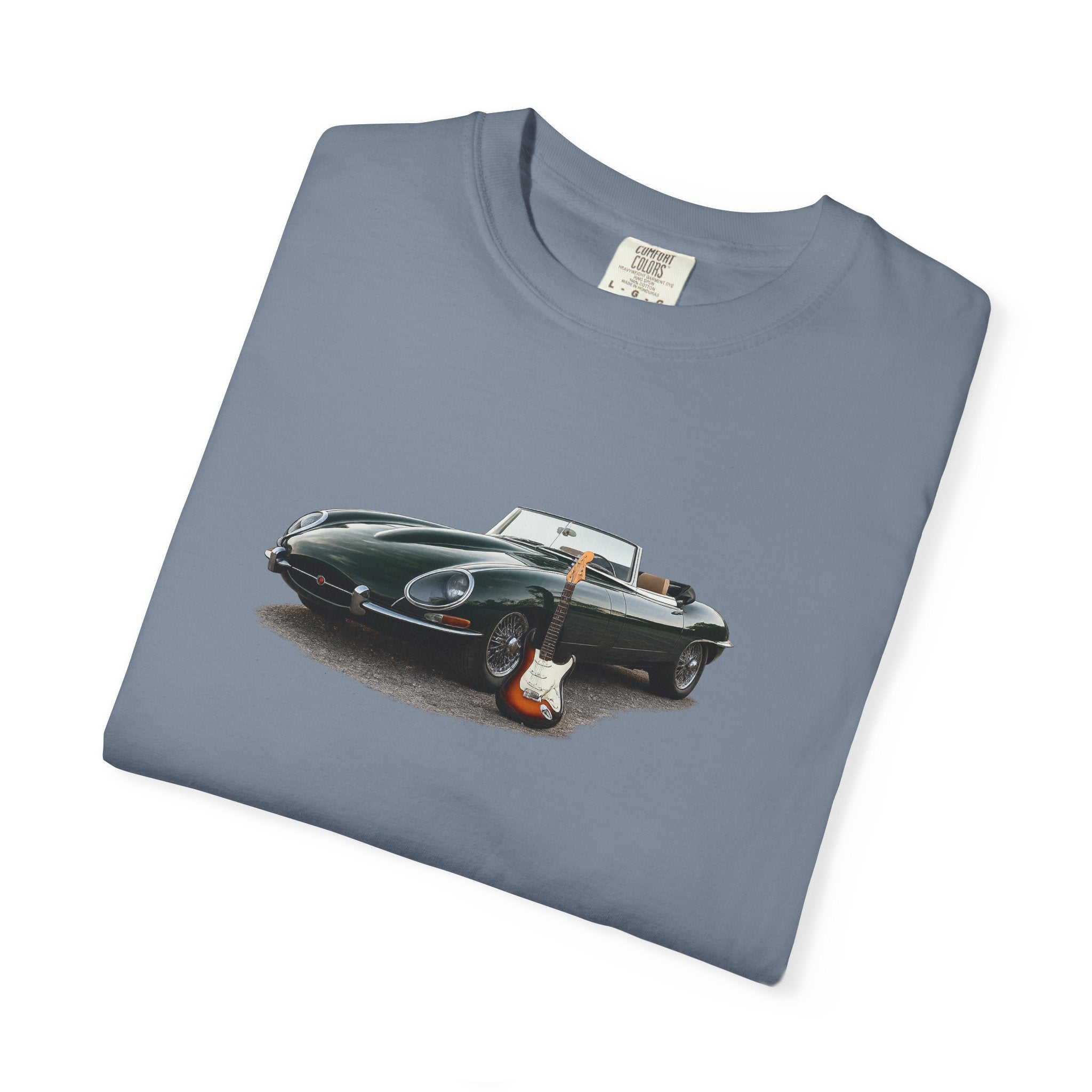 Classic Sports Car Tee — Vintage Jaguar with Guitar Graphic