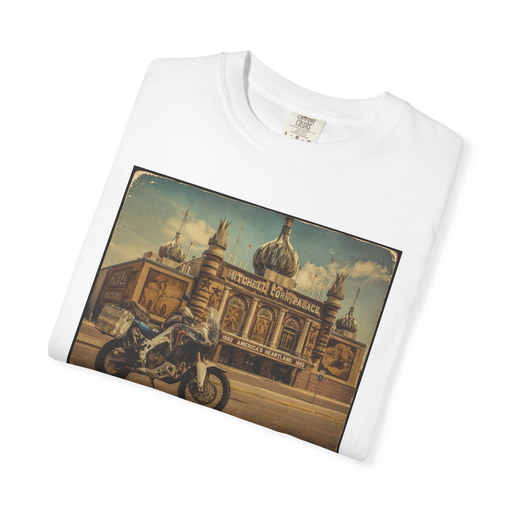 Vintage Motorcycle T-Shirt — Rider in Front of Historic Cathedral
