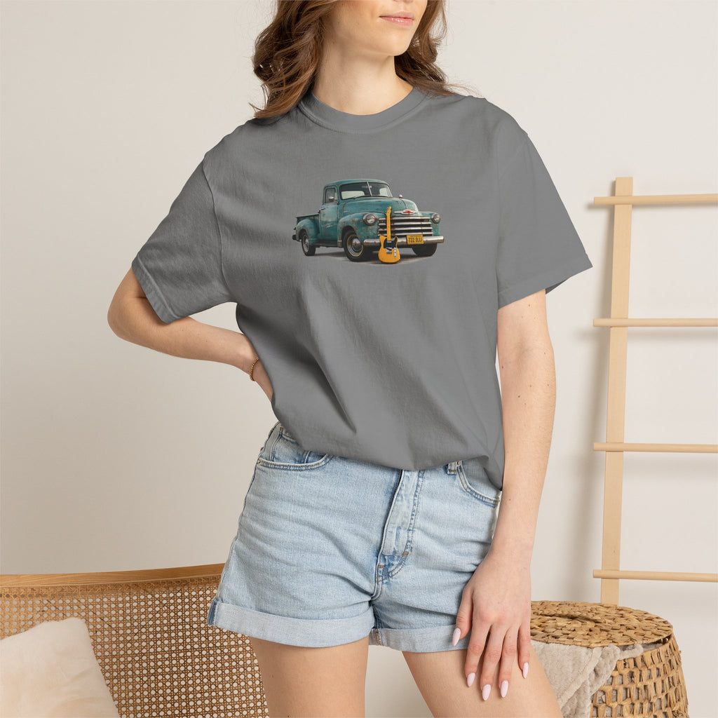 Vintage Pickup Truck & Guitar T-Shirt — Retro Americana Tee for Musicians & Classic Car Fans