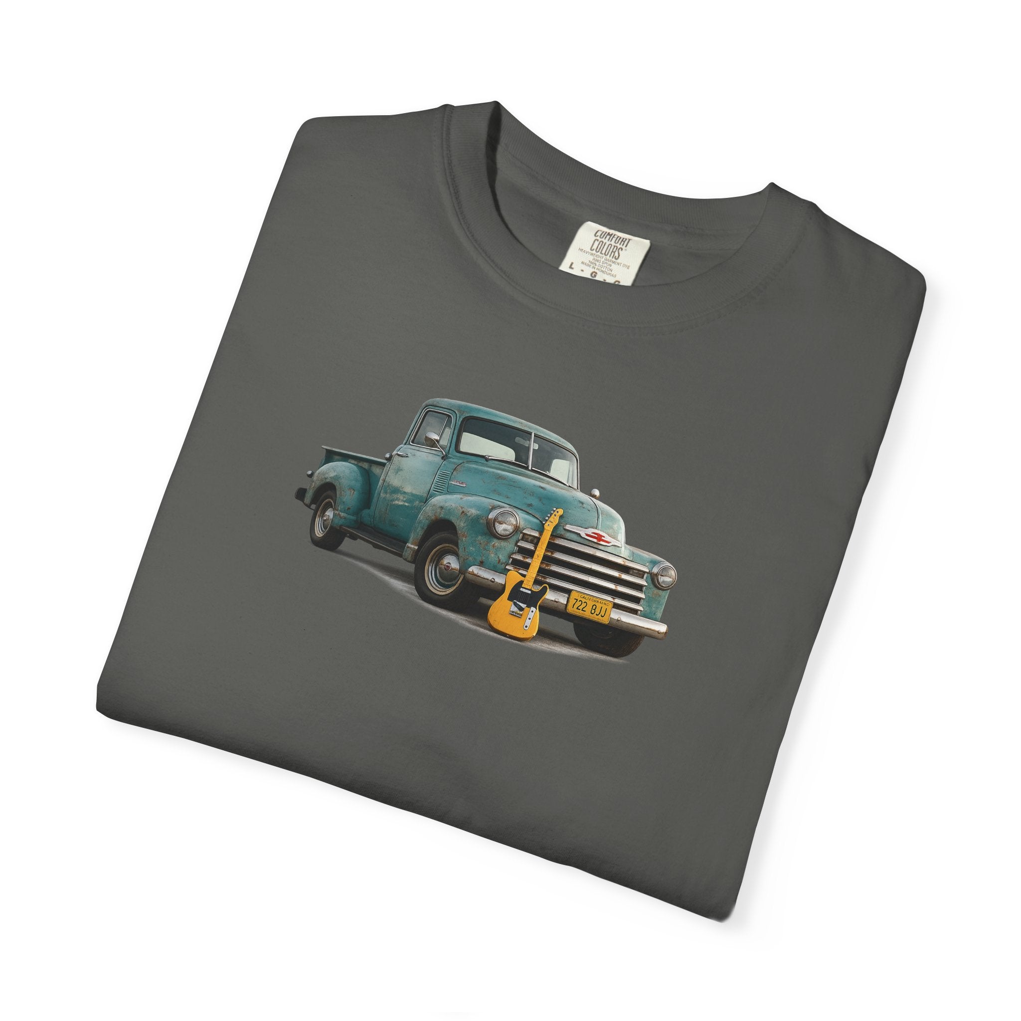 Vintage Pickup Truck & Guitar T-Shirt — Retro Americana Tee for Musicians & Classic Car Fans