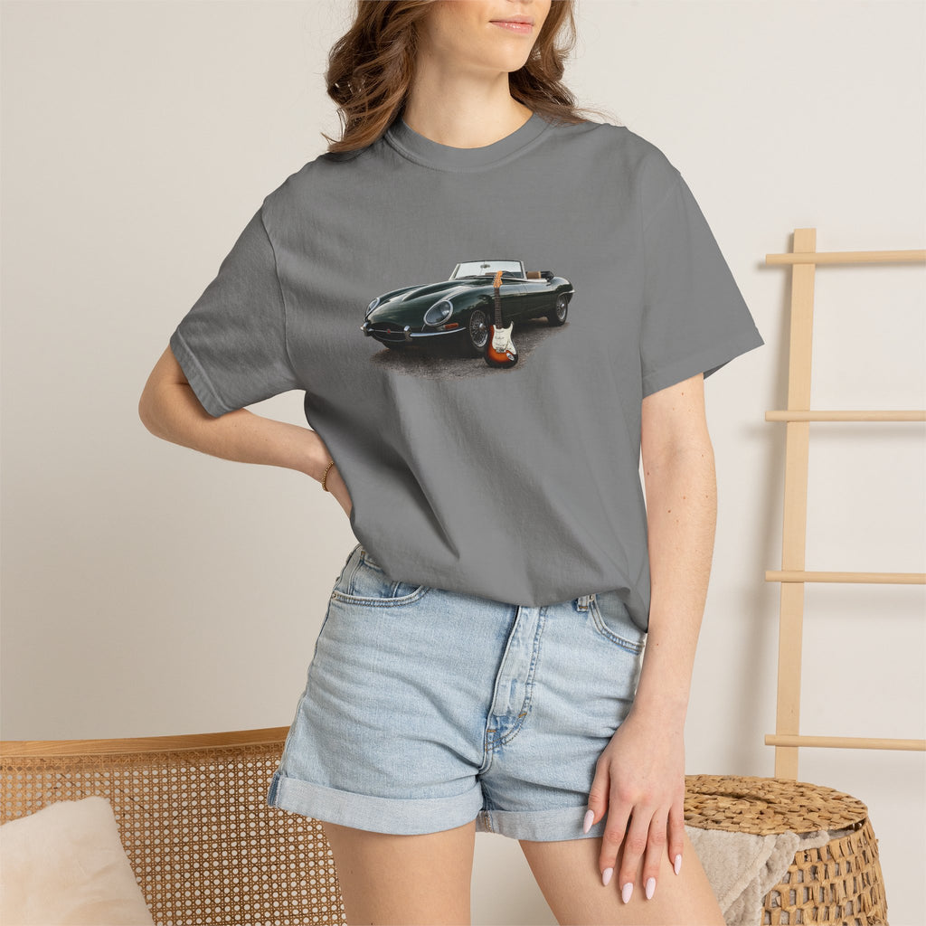 Classic Sports Car Tee — Vintage Jaguar with Guitar Graphic