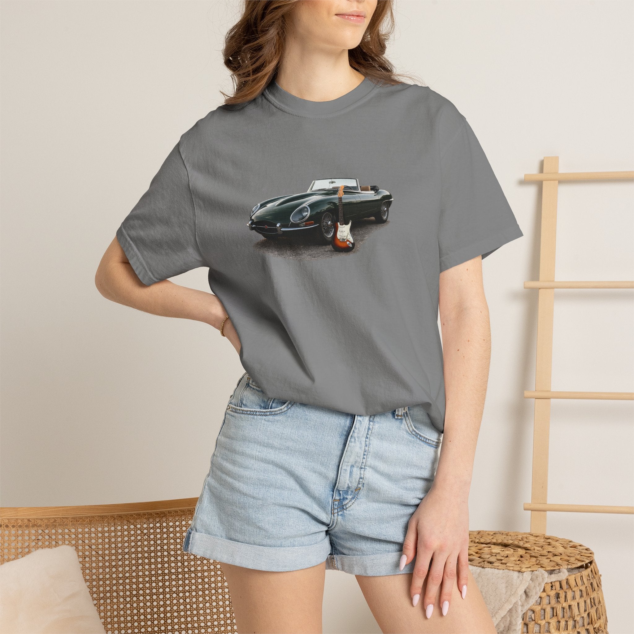 Classic Sports Car Tee — Vintage Jaguar with Guitar Graphic