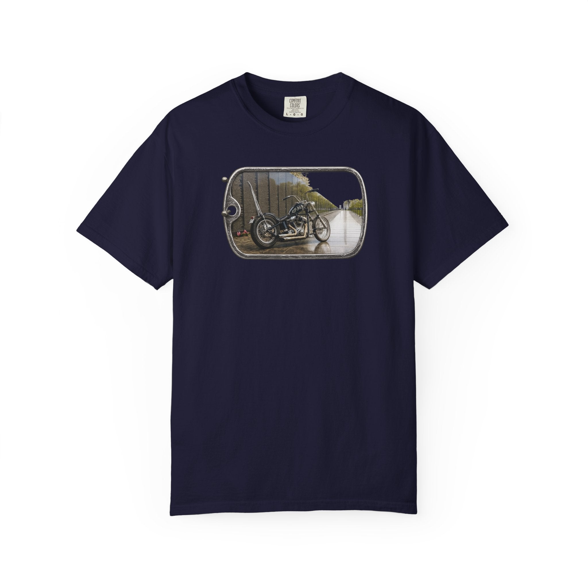 Vintage Motorcycle Dog Tag T-Shirt — Retro Chopper Scenic Print