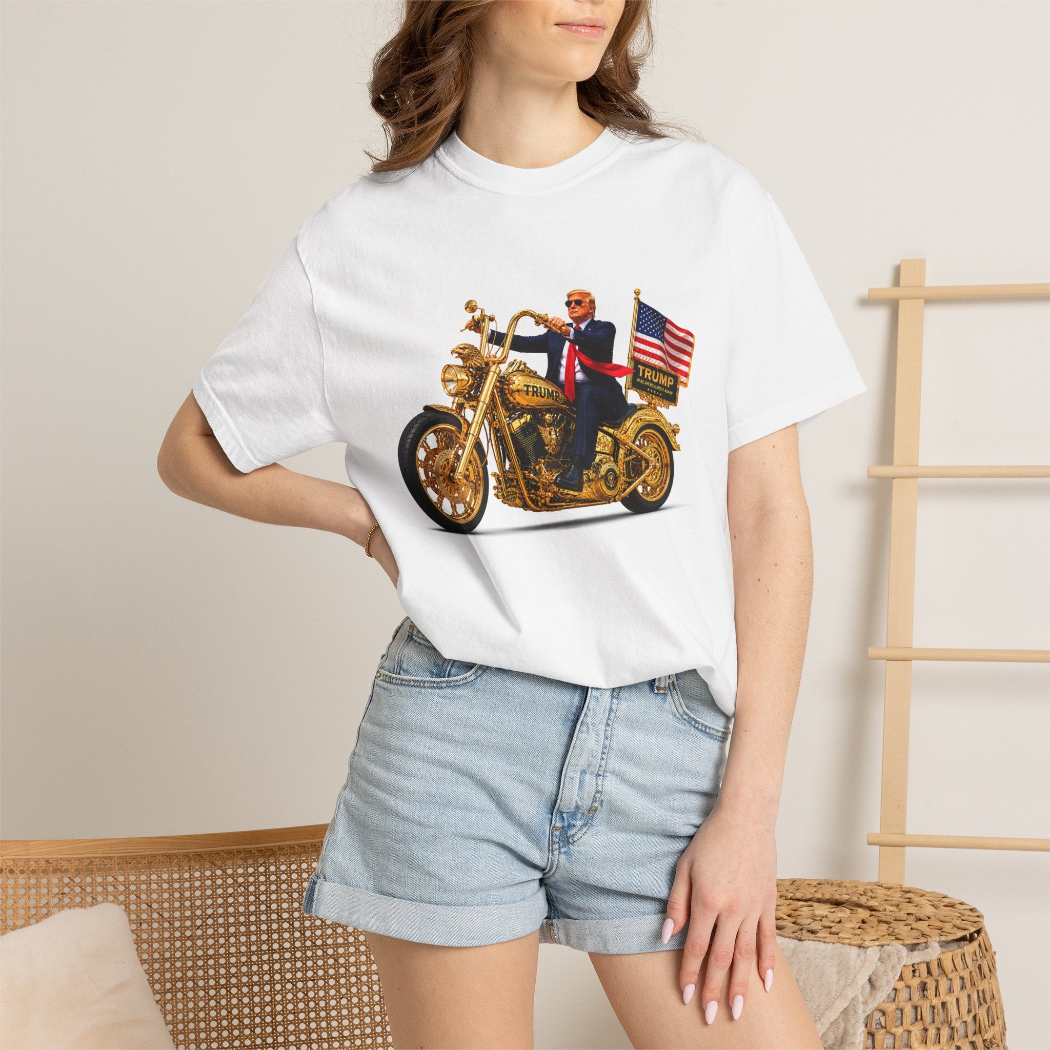 T-Shirt - Patriotic Biker Graphic (Gold Motorcycle, American Flag)