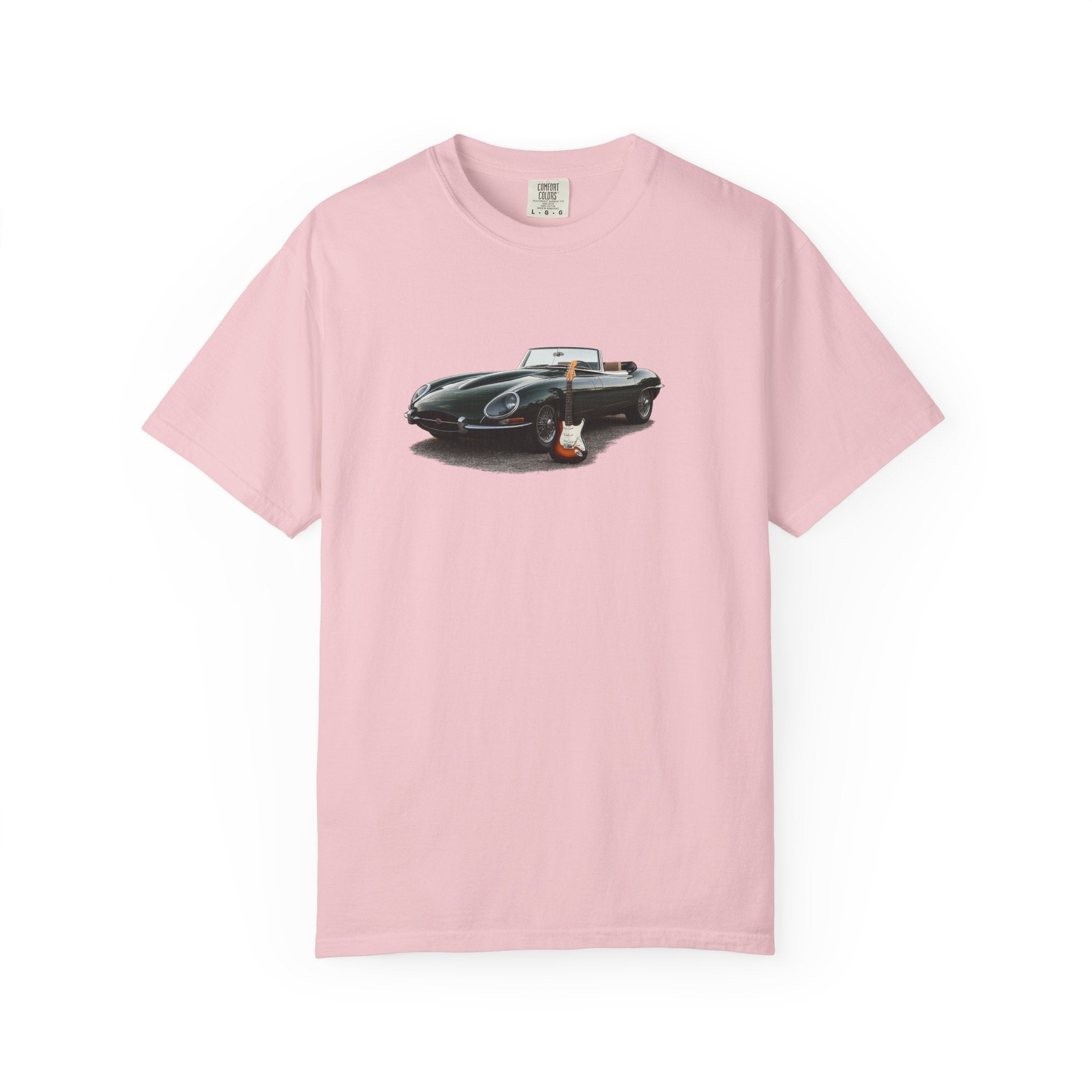 Classic Sports Car Tee — Vintage Jaguar with Guitar Graphic