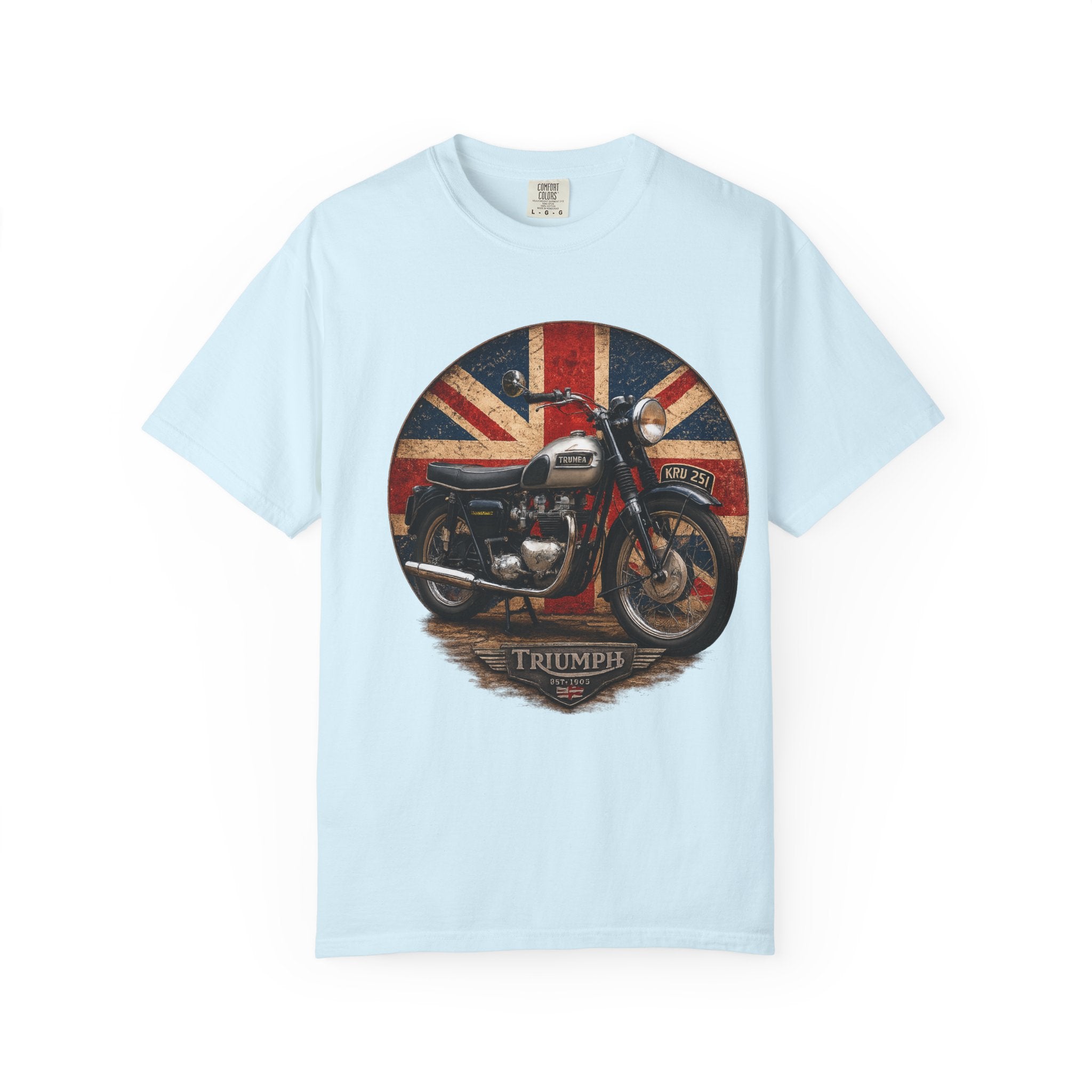 Classic Triumph Motorcycle T-Shirt — Vintage British Flag Ride Tee