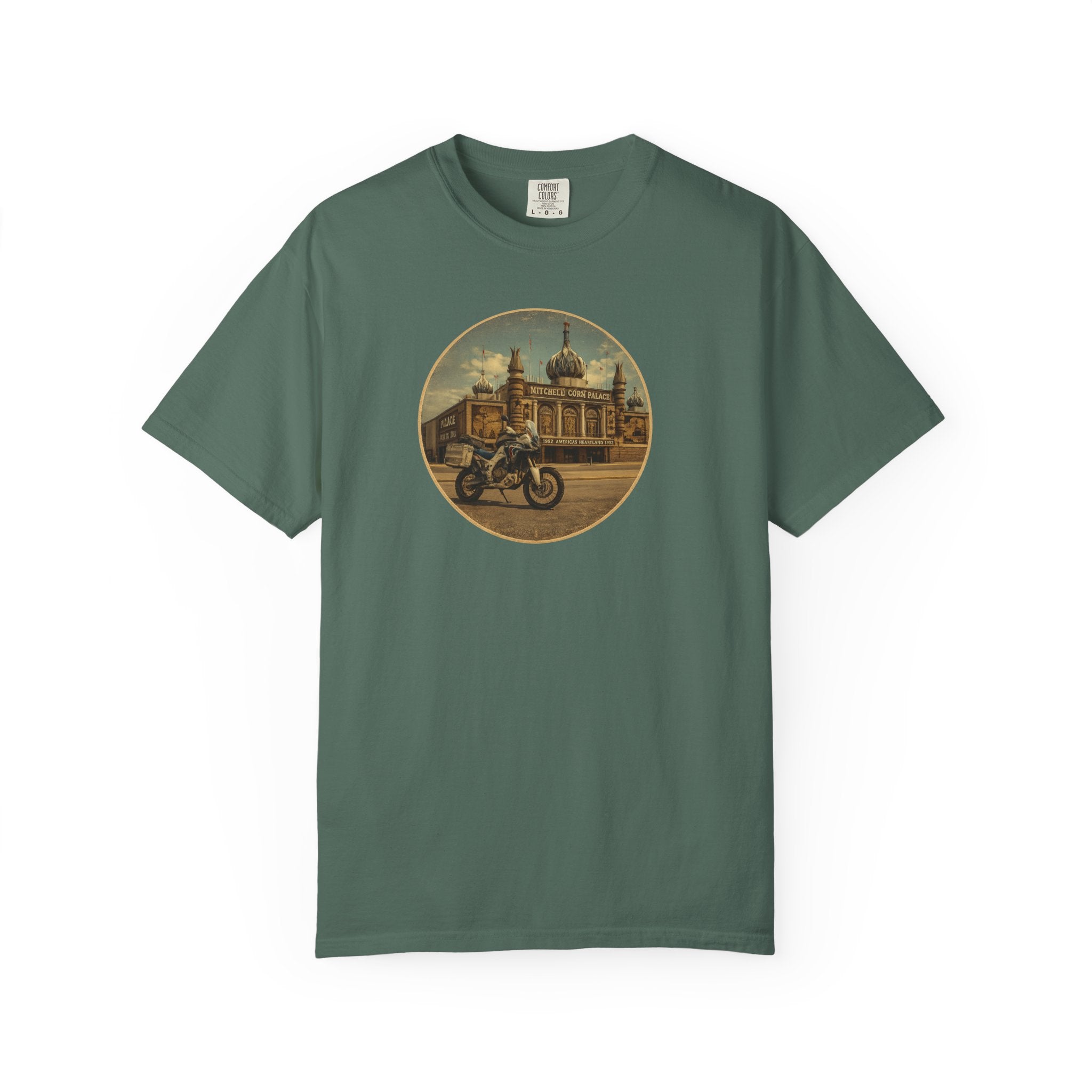 Vintage Motorcycle T-Shirt — Rider in Front of Historic Cathedral