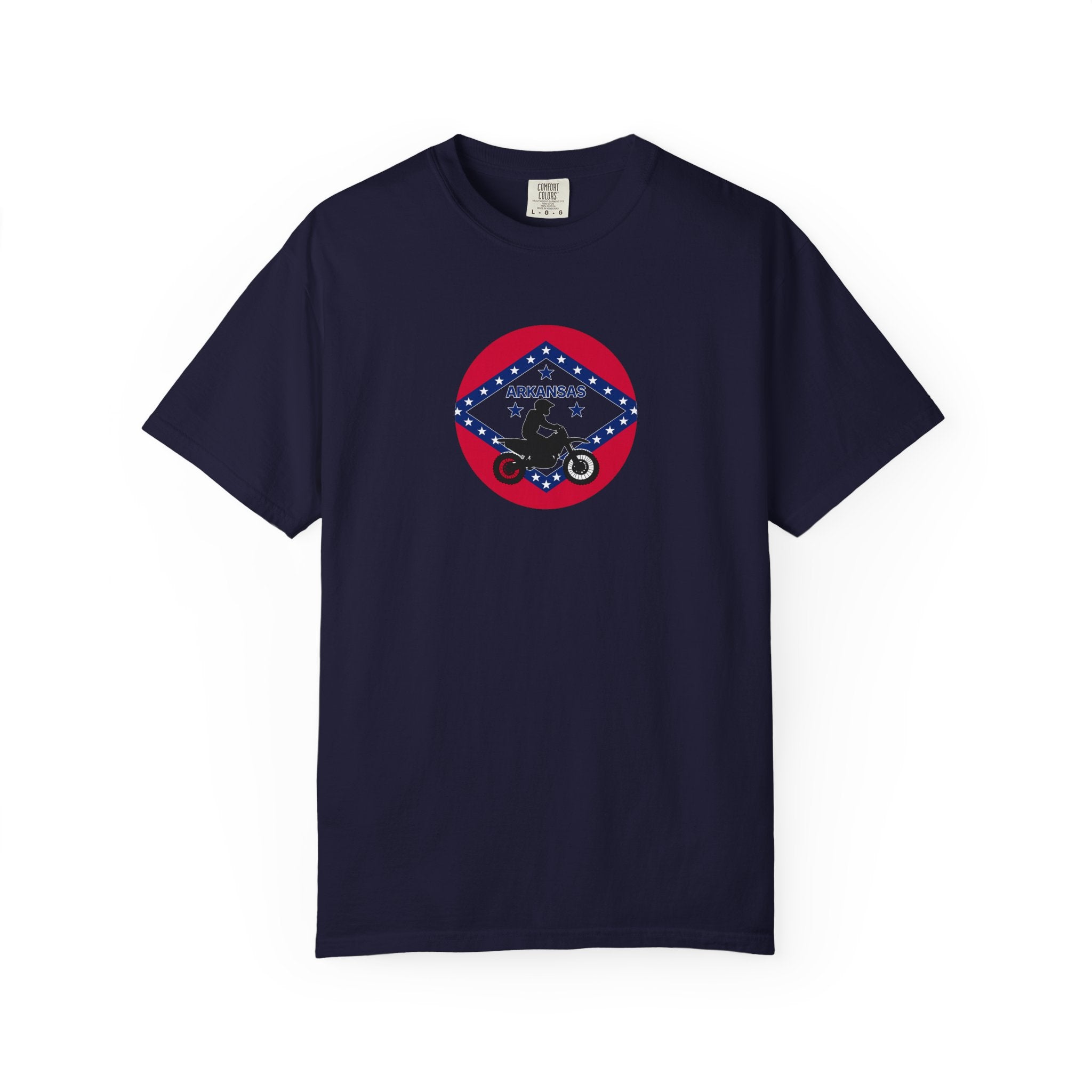 Copy of Arkansas Motorcycle Rider Graphic T-Shirt — State Flag Circle Design