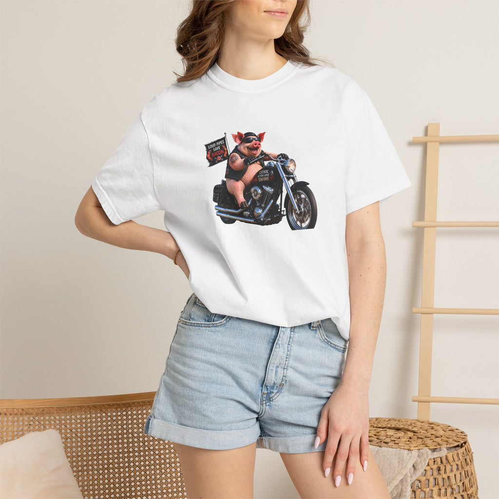 Biker Pig Motorcycle T-Shirt — "Live to Eat, Love to Ride" Retro Graphic Tee
