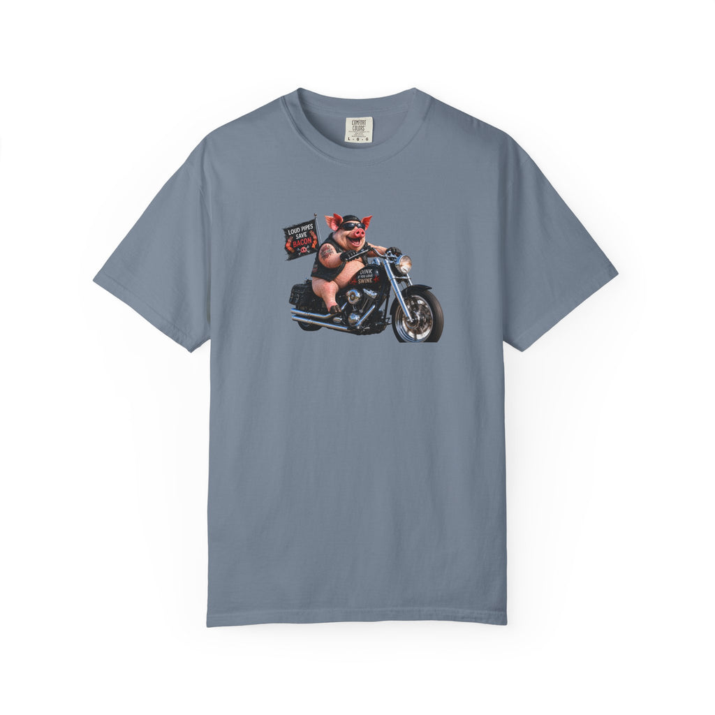 Biker Pig Motorcycle T-Shirt — "Live to Eat, Love to Ride" Retro Graphic Tee