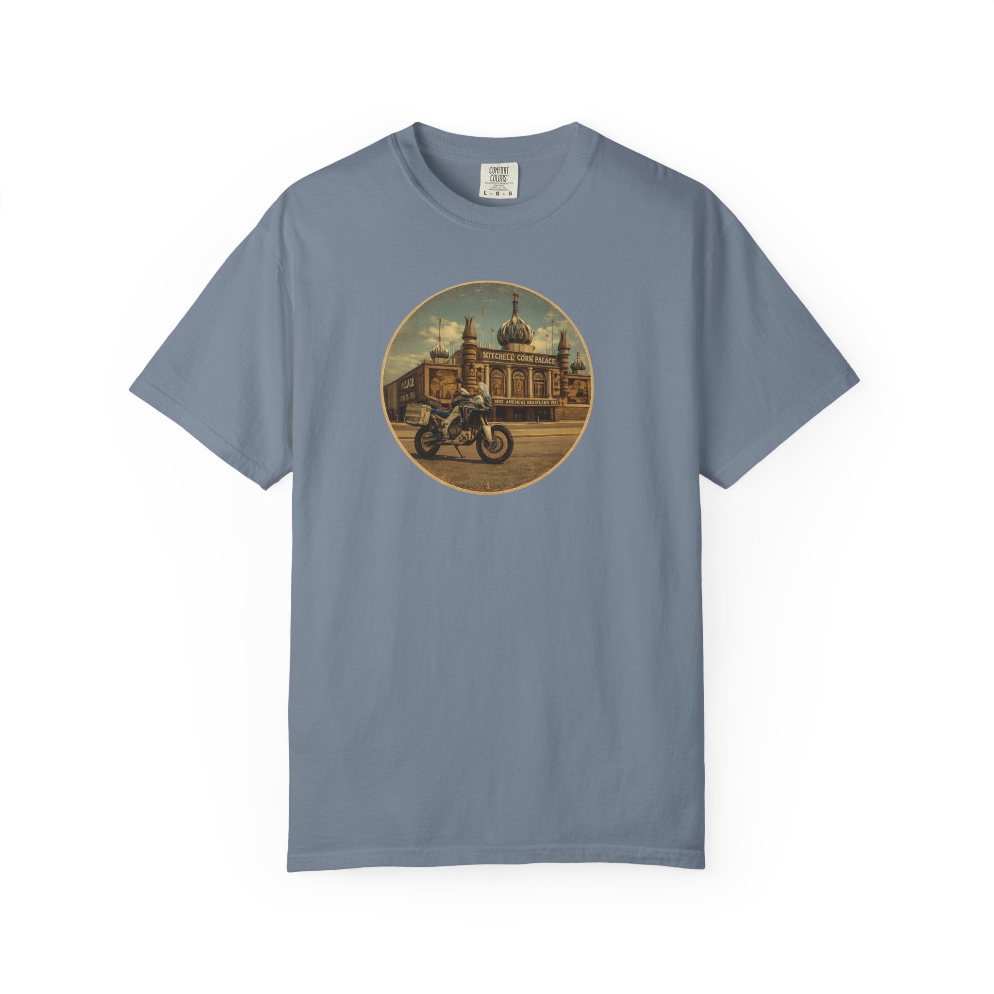 Vintage Motorcycle T-Shirt — Rider in Front of Historic Cathedral