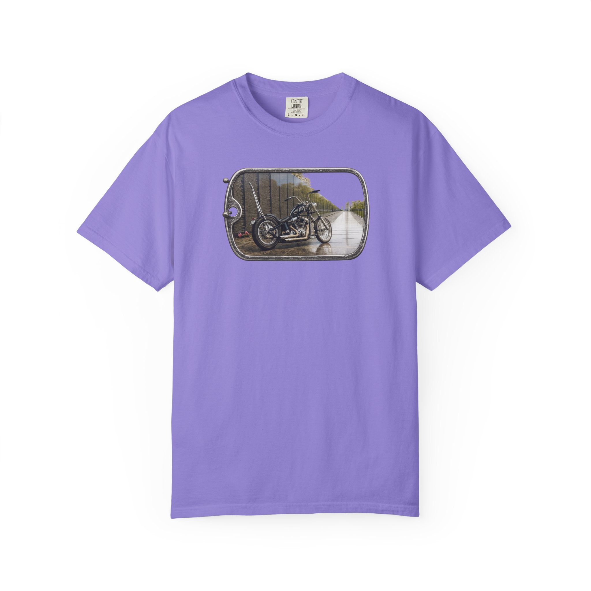 Vintage Motorcycle Dog Tag T-Shirt — Retro Chopper Scenic Print