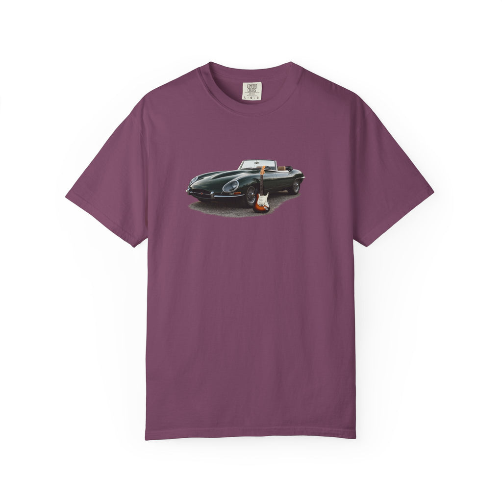 Classic Sports Car Tee — Vintage Jaguar with Guitar Graphic