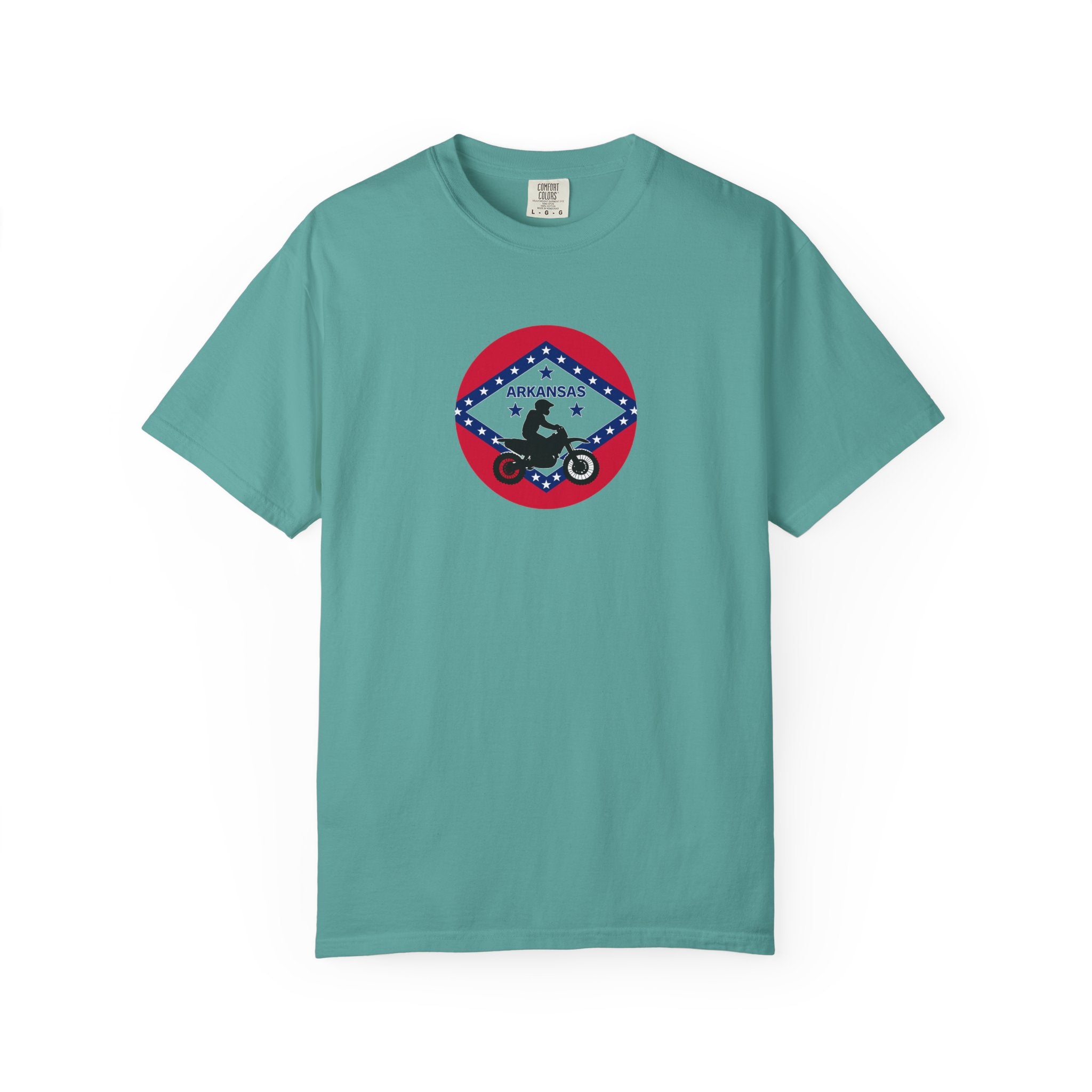 Copy of Arkansas Motorcycle Rider Graphic T-Shirt — State Flag Circle Design
