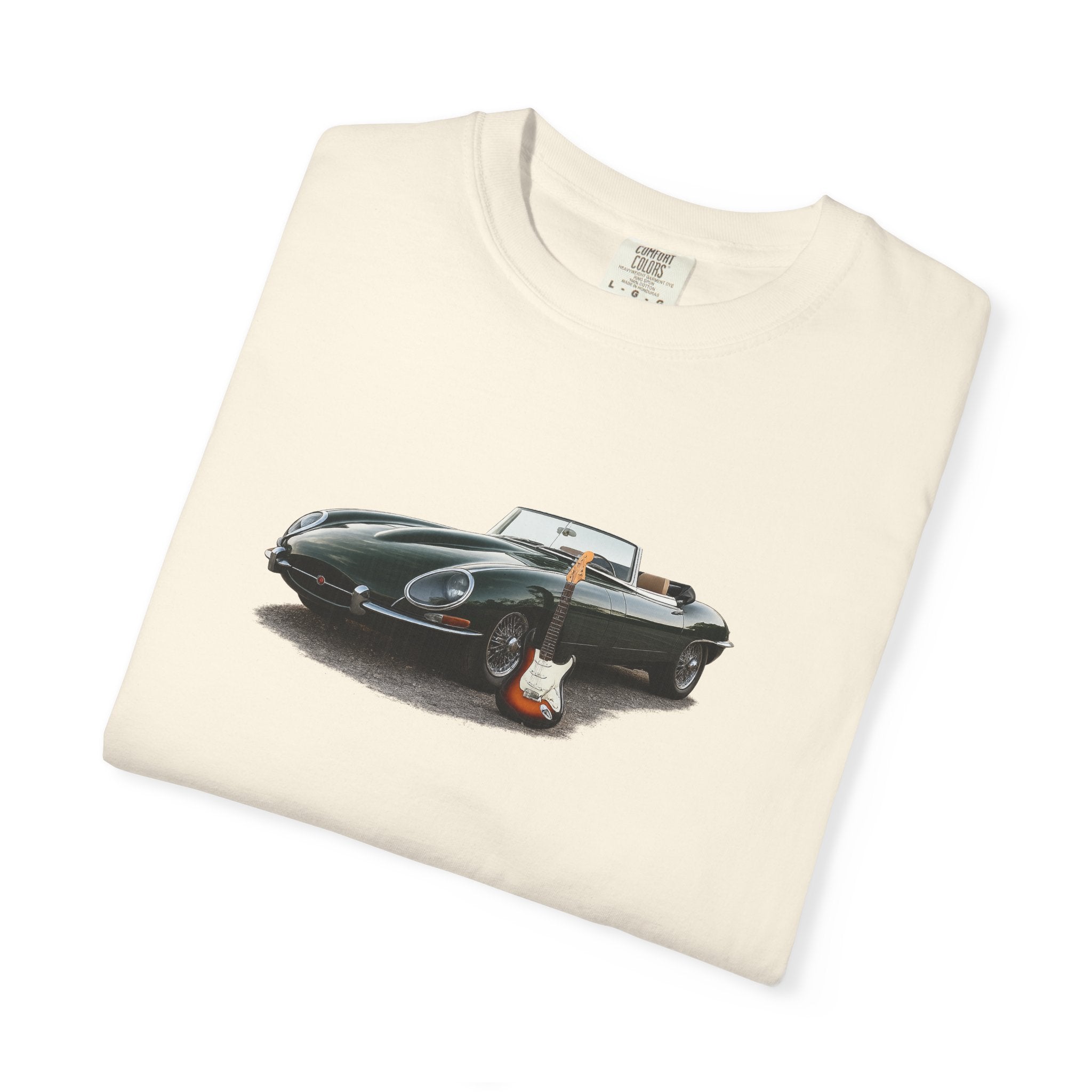 Classic Sports Car Tee — Vintage Jaguar with Guitar Graphic