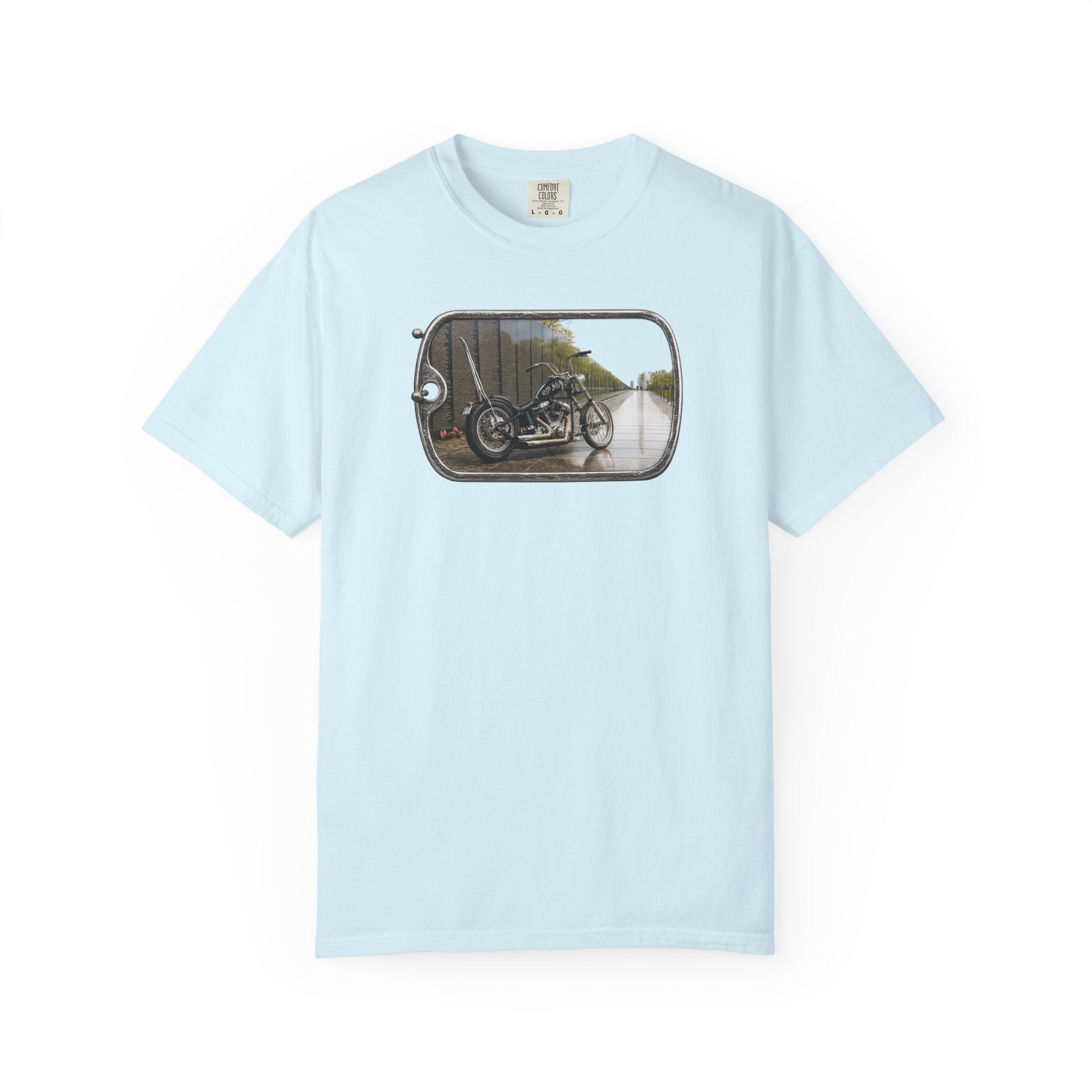 Vintage Motorcycle Dog Tag T-Shirt — Retro Chopper Scenic Print
