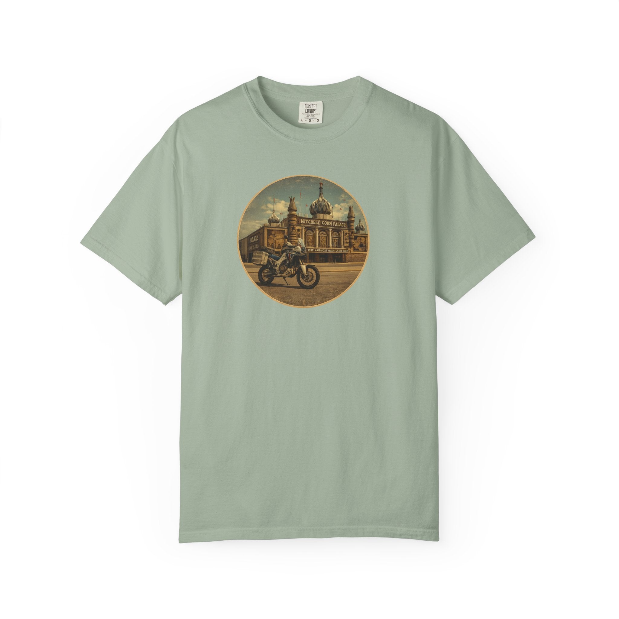 Vintage Motorcycle T-Shirt — Rider in Front of Historic Cathedral