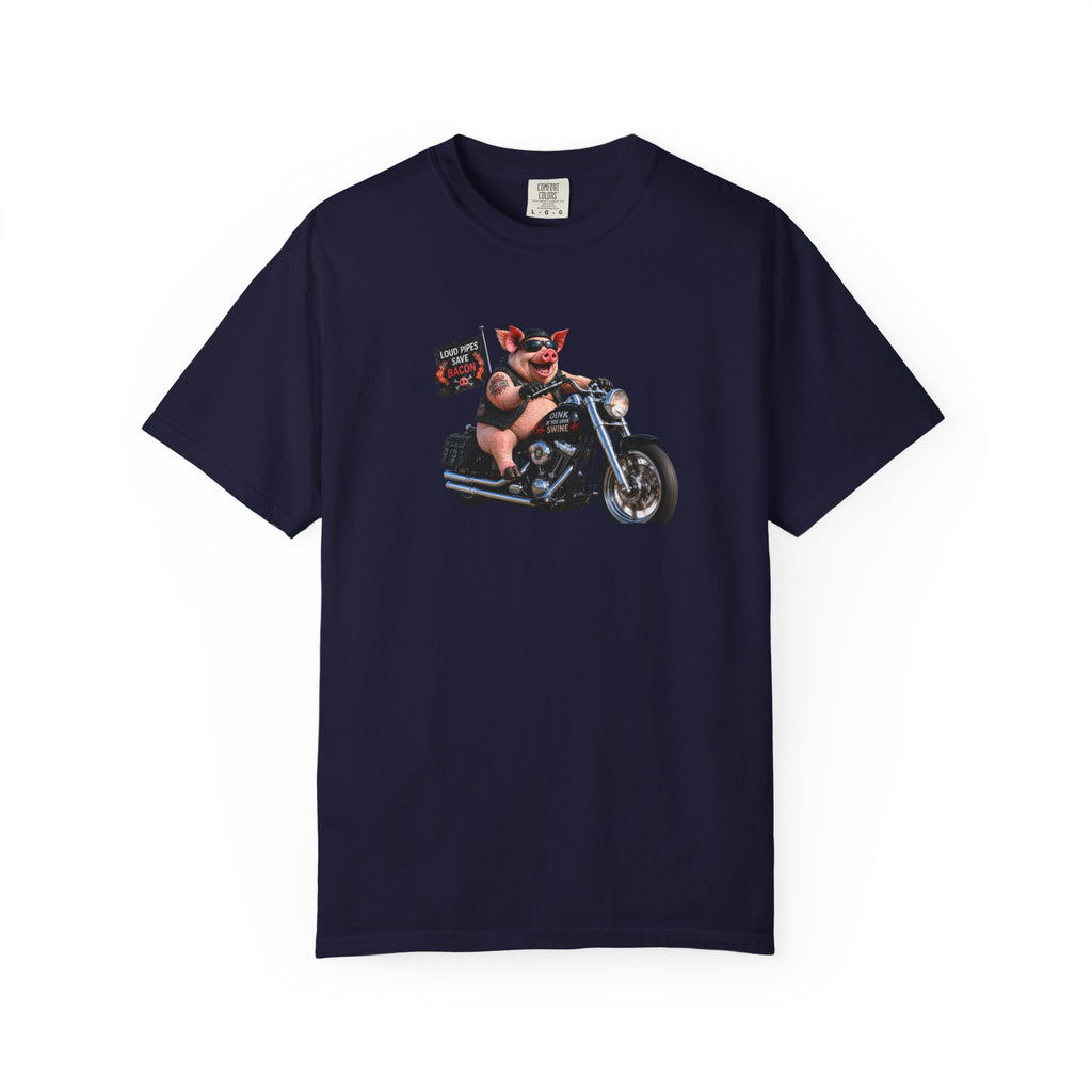 Biker Pig Motorcycle T-Shirt — "Live to Eat, Love to Ride" Retro Graphic Tee