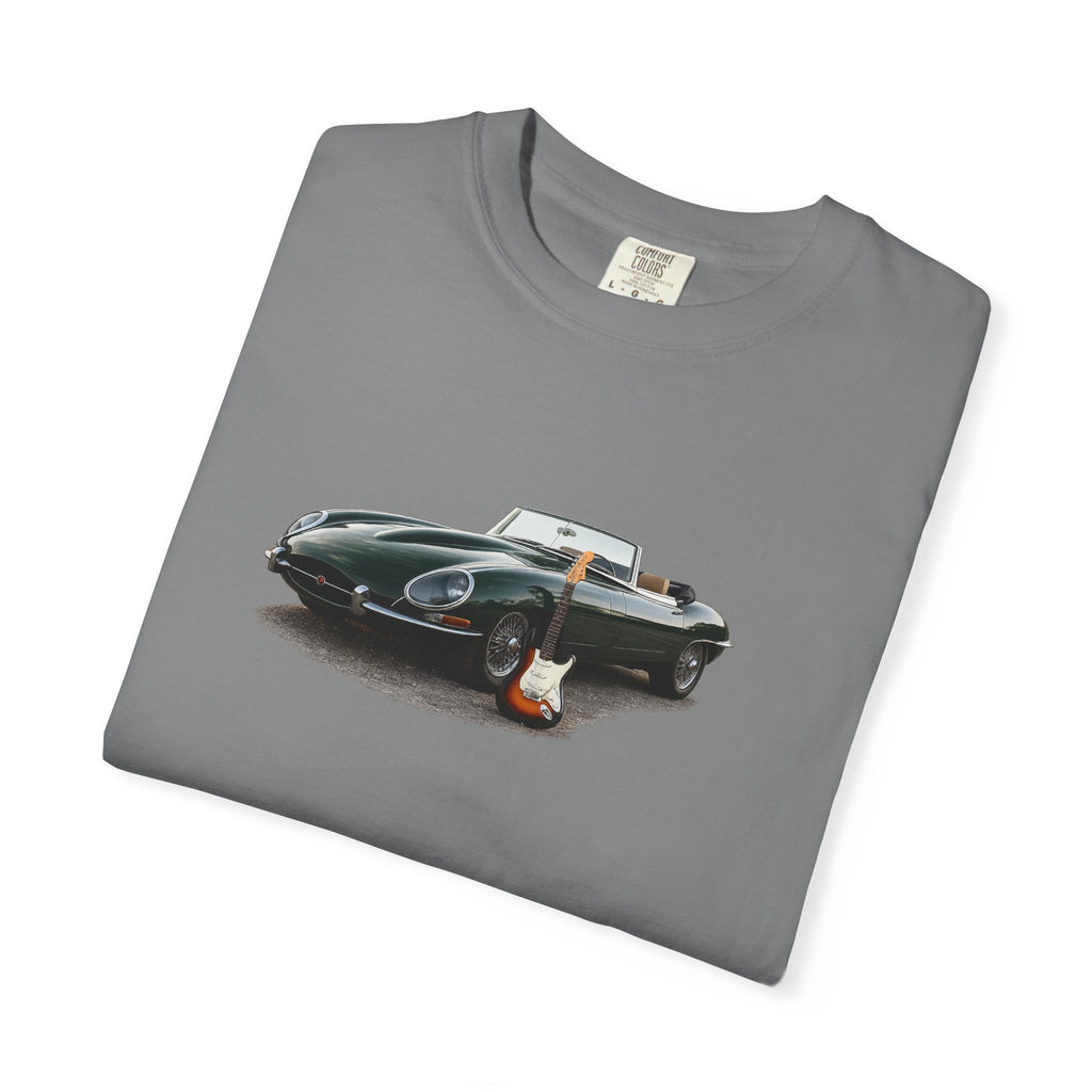 Classic Sports Car Tee — Vintage Jaguar with Guitar Graphic