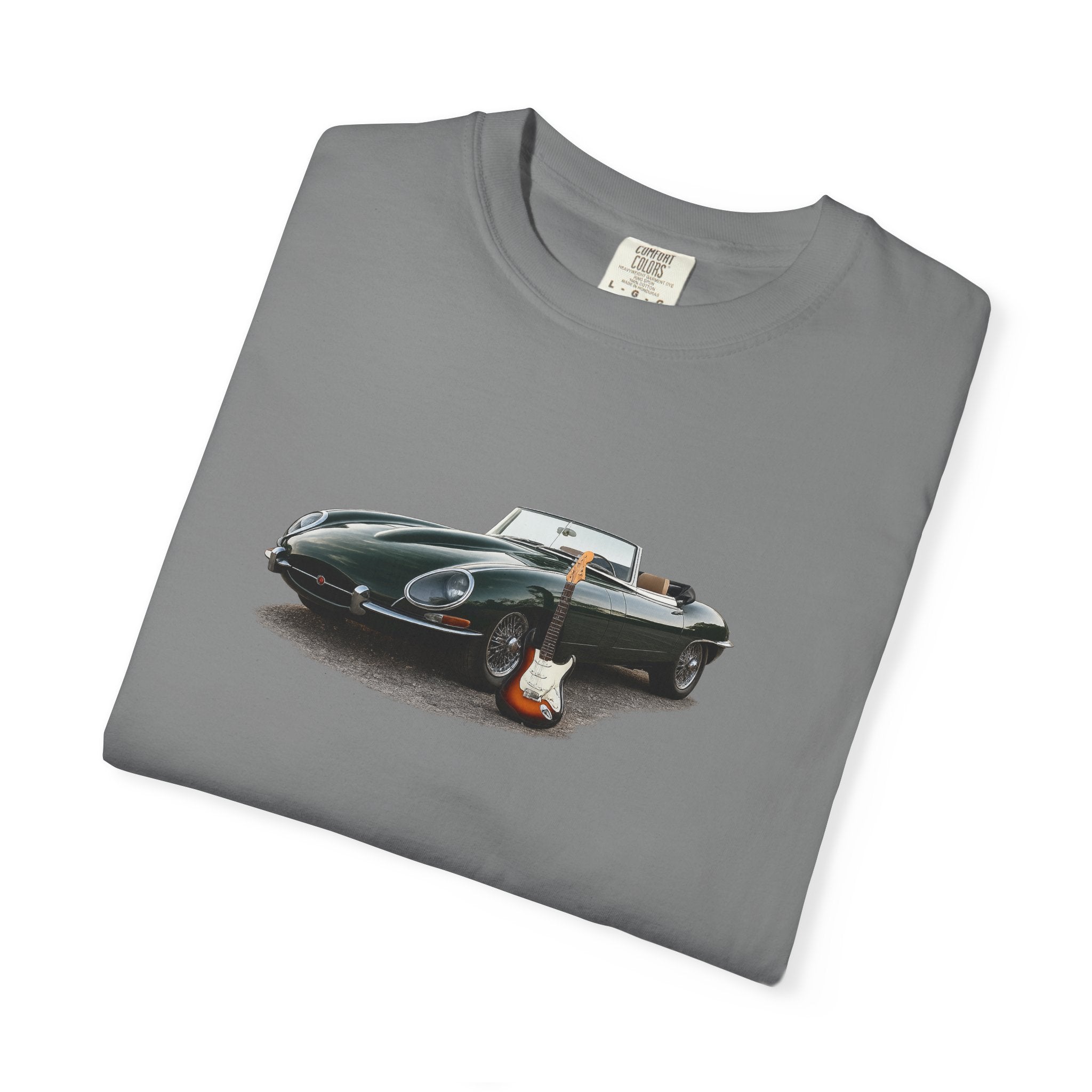Classic Sports Car Tee — Vintage Jaguar with Guitar Graphic