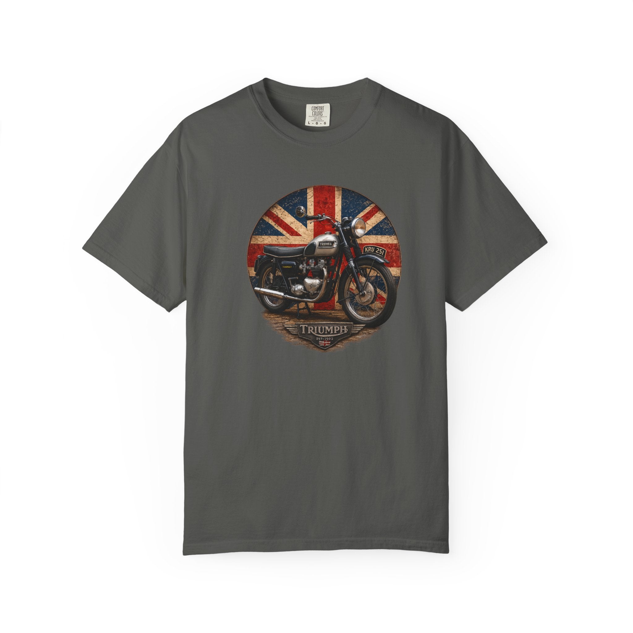 Classic Triumph Motorcycle T-Shirt — Vintage British Flag Ride Tee