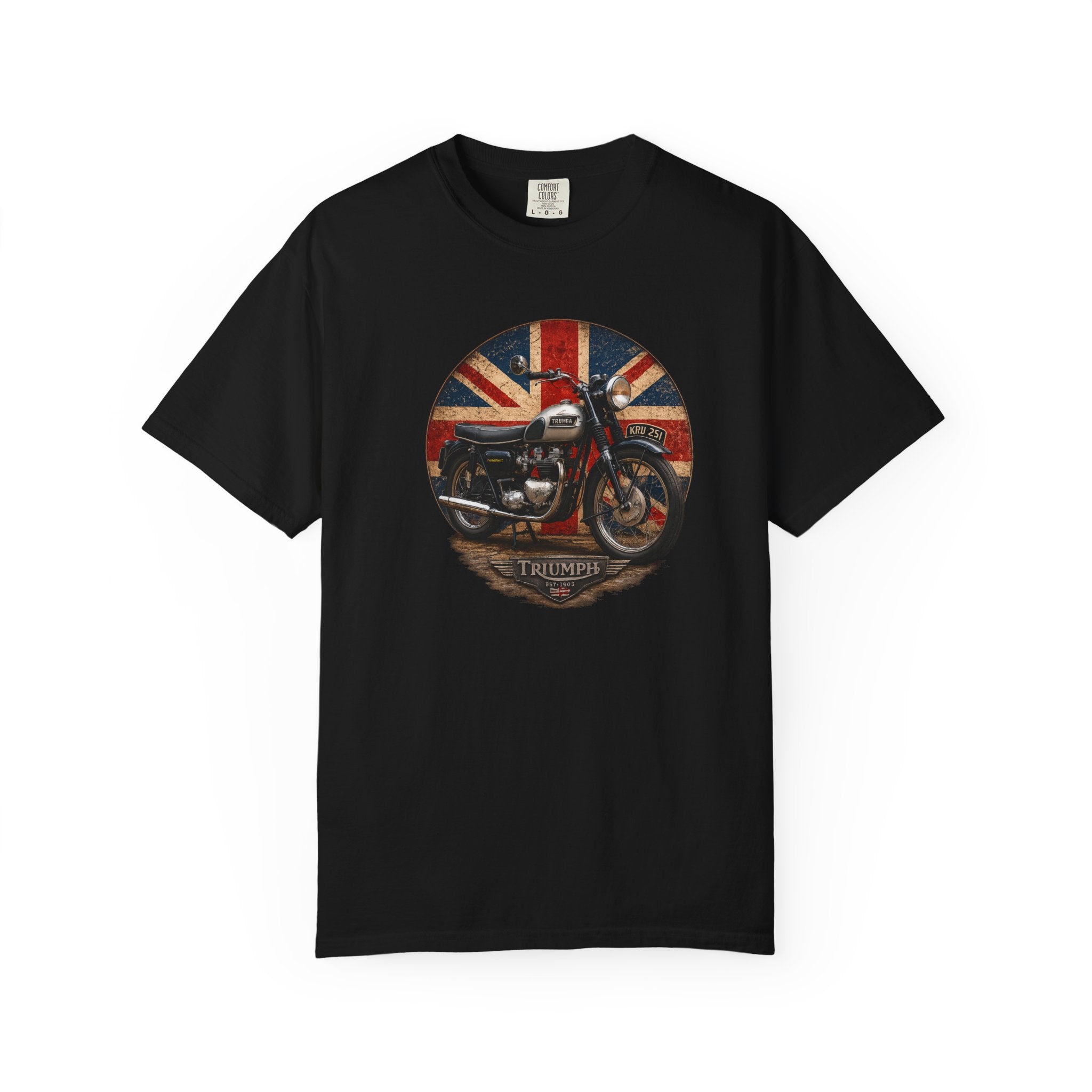 Classic Triumph Motorcycle T-Shirt — Vintage British Flag Ride Tee