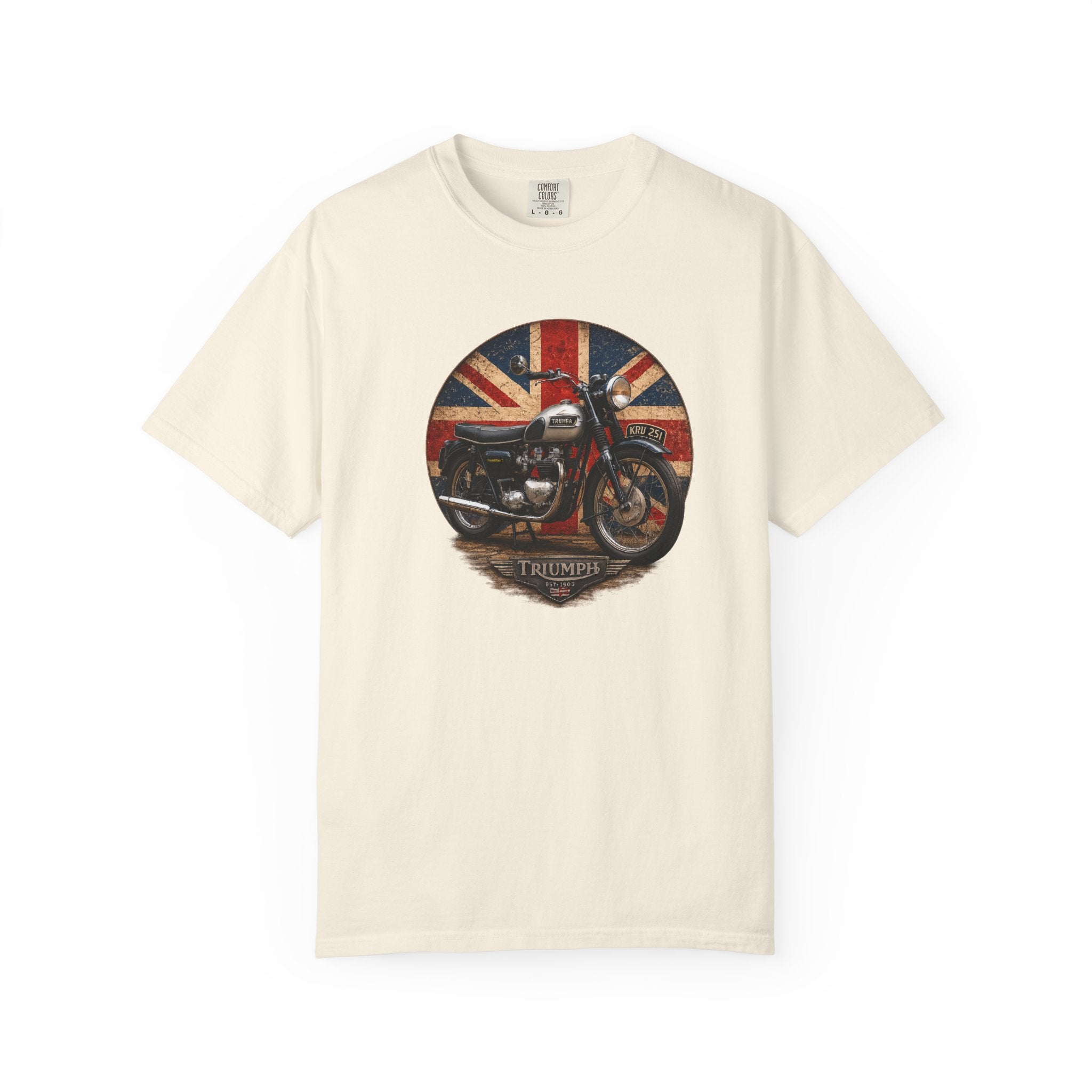 Classic Triumph Motorcycle T-Shirt — Vintage British Flag Ride Tee