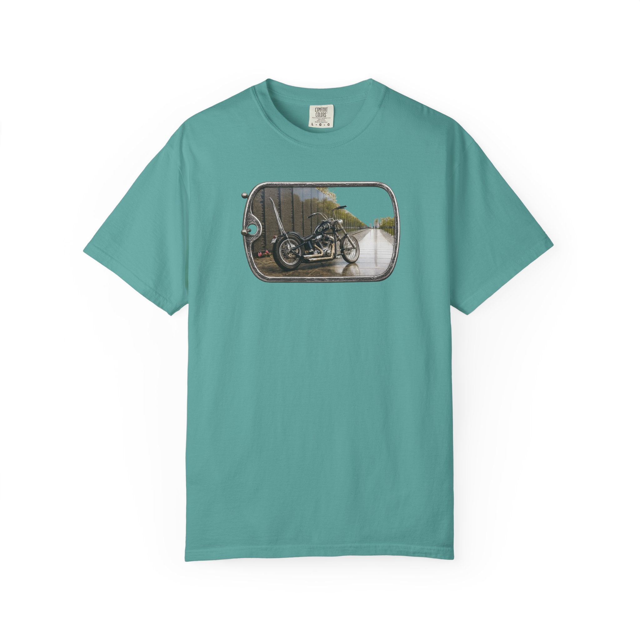 Vintage Motorcycle Dog Tag T-Shirt — Retro Chopper Scenic Print