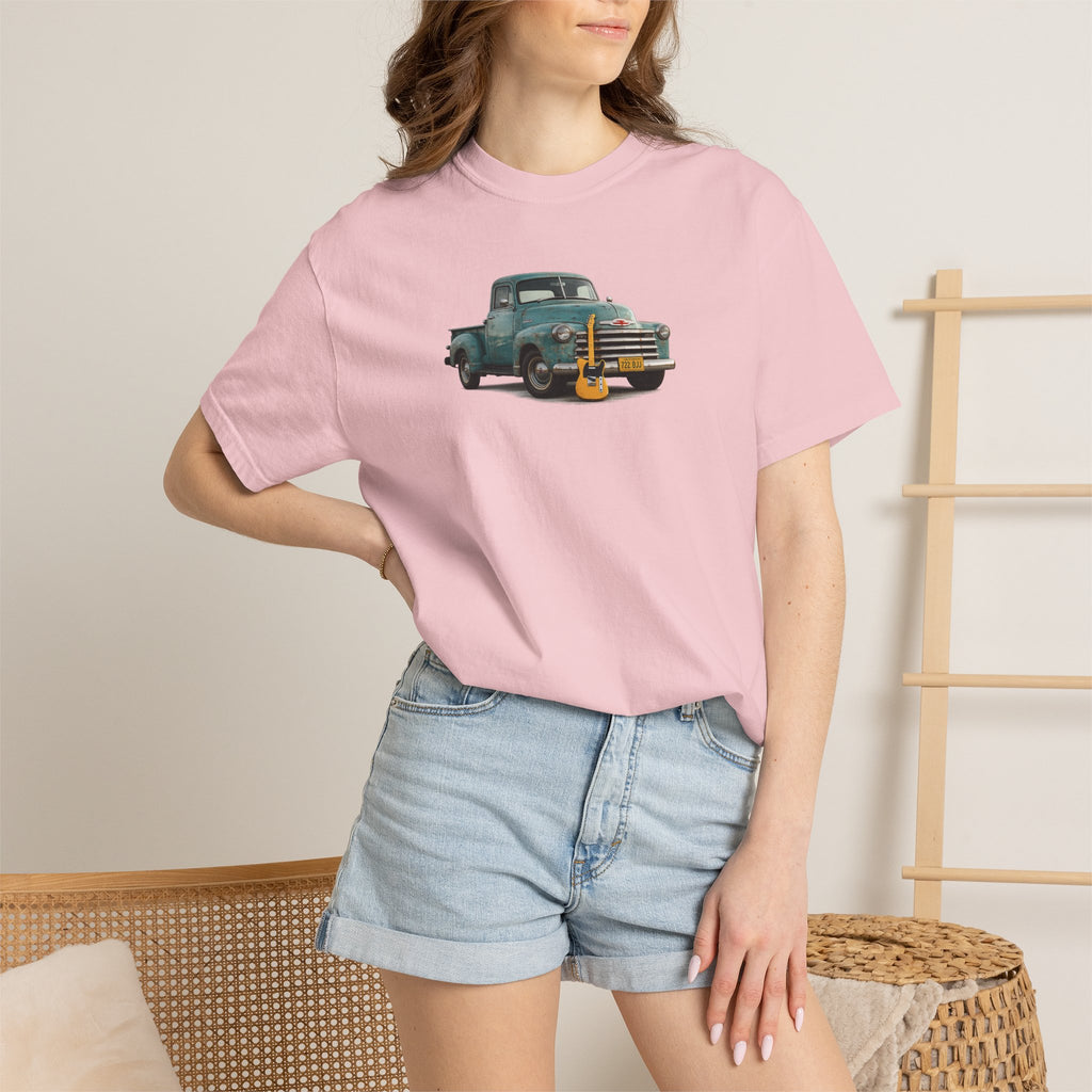 Vintage Pickup Truck & Guitar T-Shirt — Retro Americana Tee for Musicians & Classic Car Fans