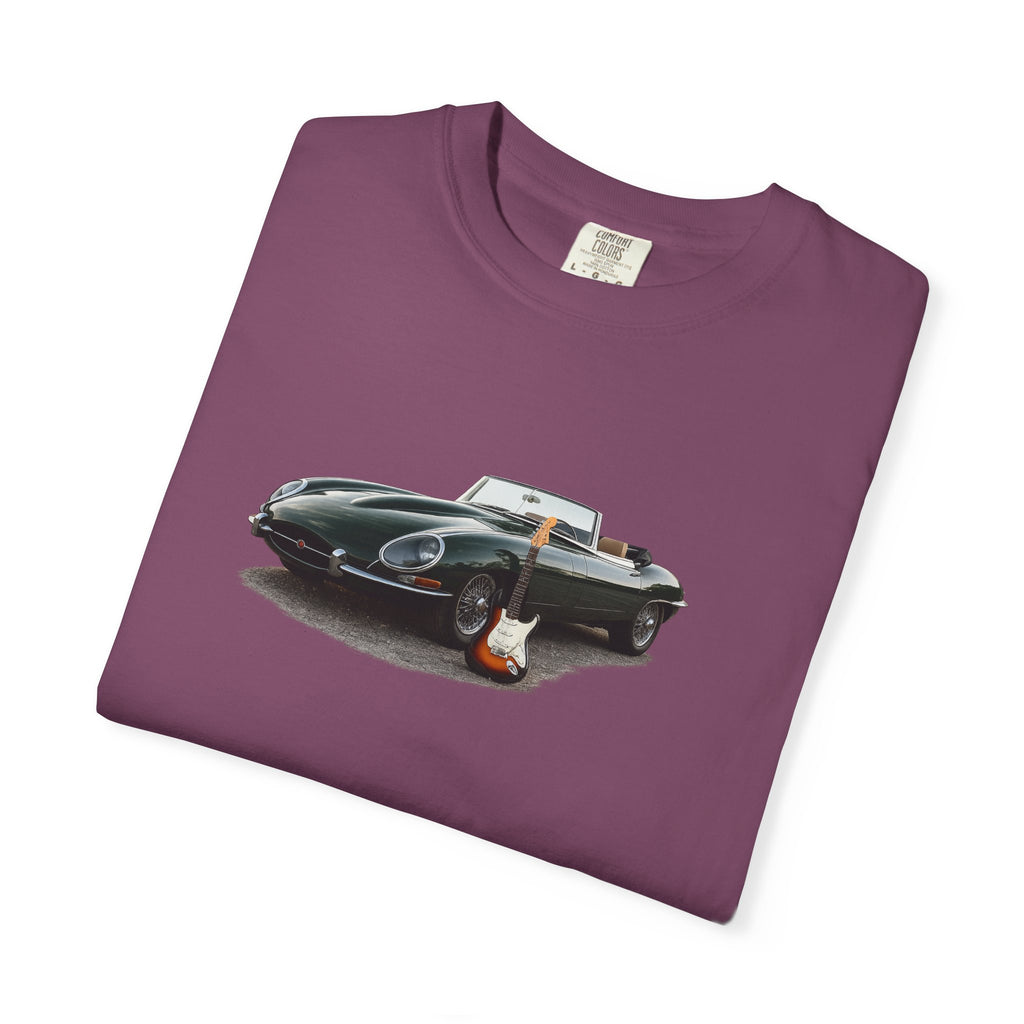 Classic Sports Car Tee — Vintage Jaguar with Guitar Graphic