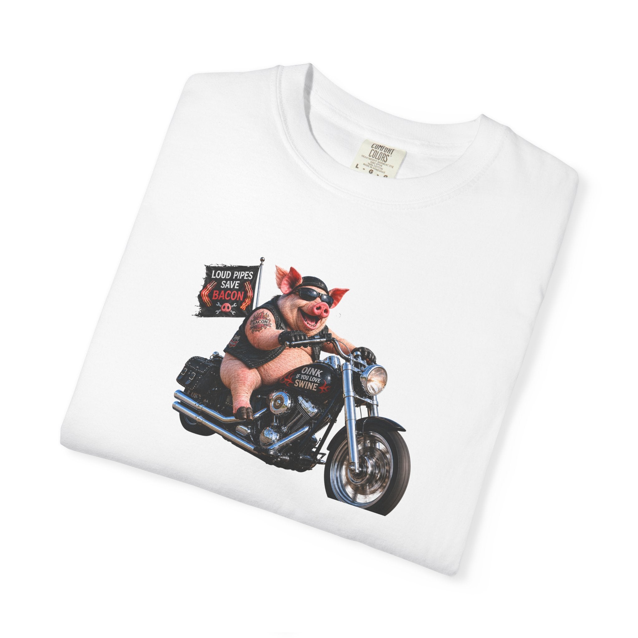 Biker Pig Motorcycle T-Shirt — "Live to Eat, Love to Ride" Retro Graphic Tee