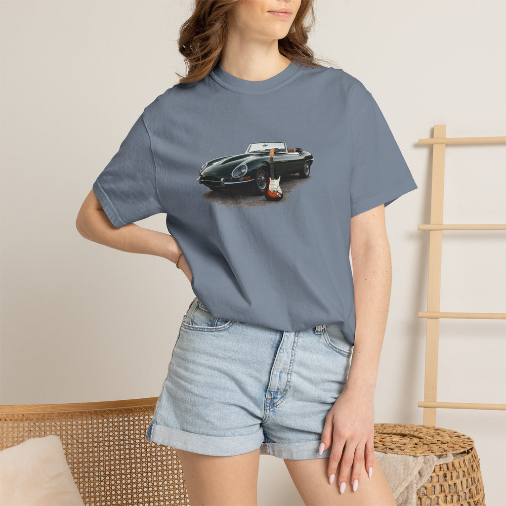 Classic Sports Car Tee — Vintage Jaguar with Guitar Graphic