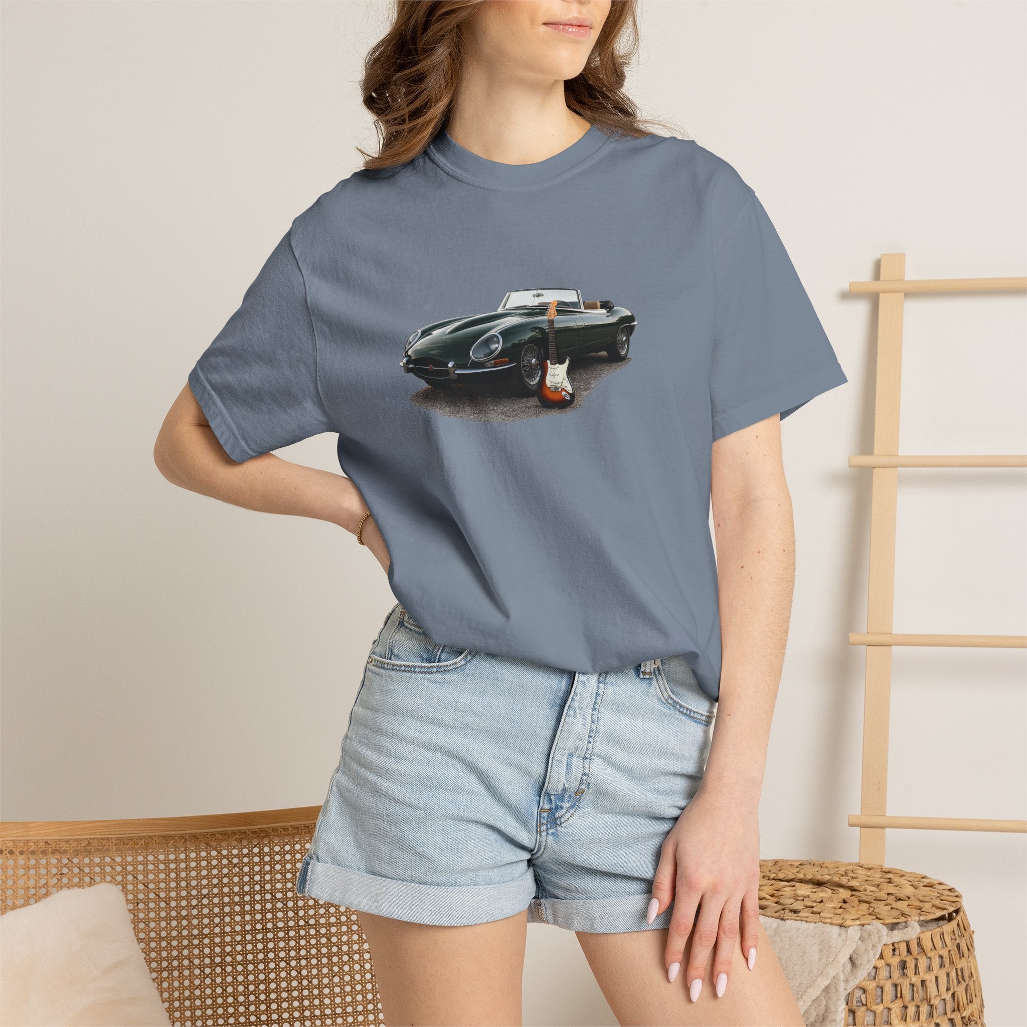 Classic Sports Car Tee — Vintage Jaguar with Guitar Graphic
