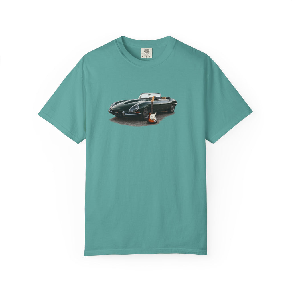 Classic Sports Car Tee — Vintage Jaguar with Guitar Graphic
