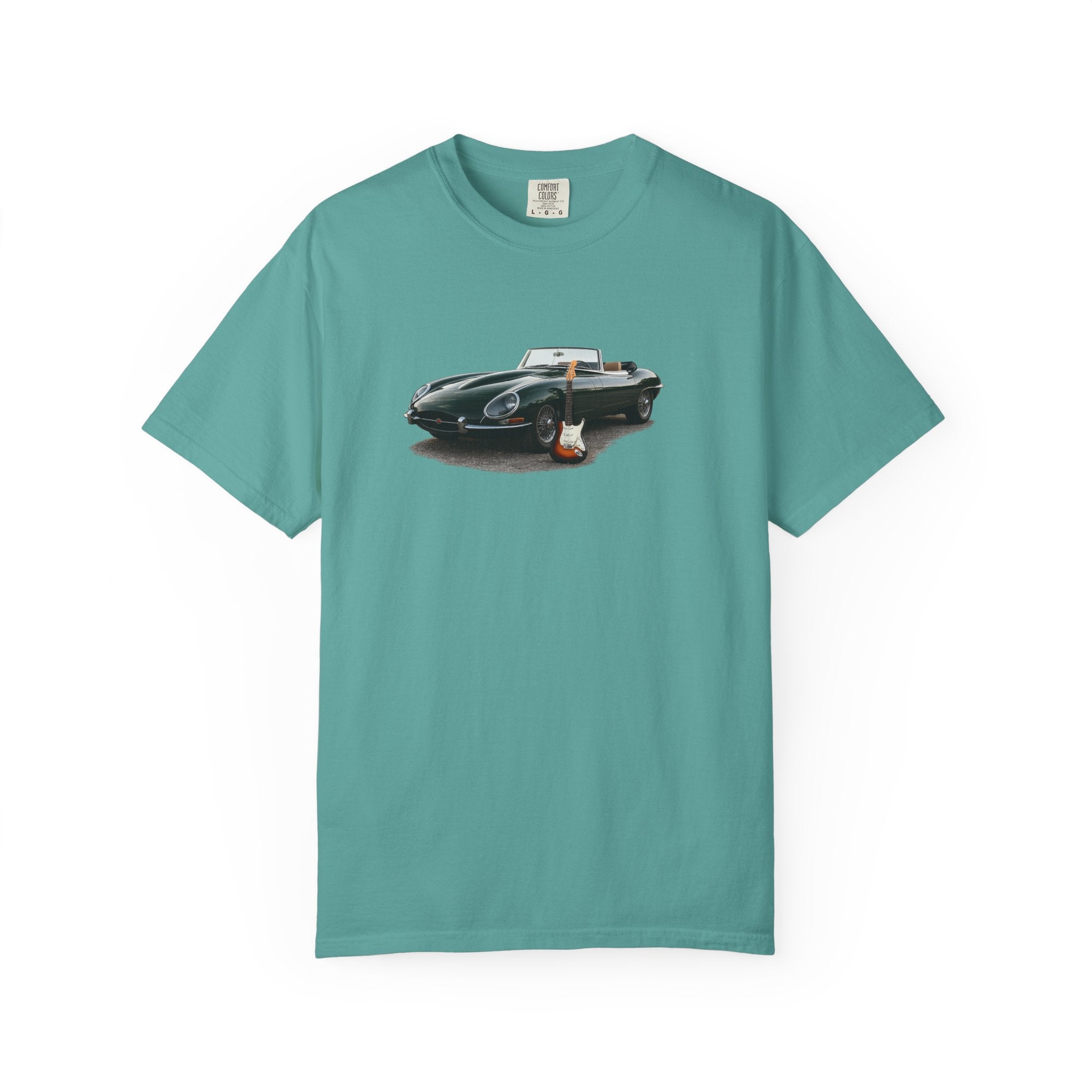 Classic Sports Car Tee — Vintage Jaguar with Guitar Graphic