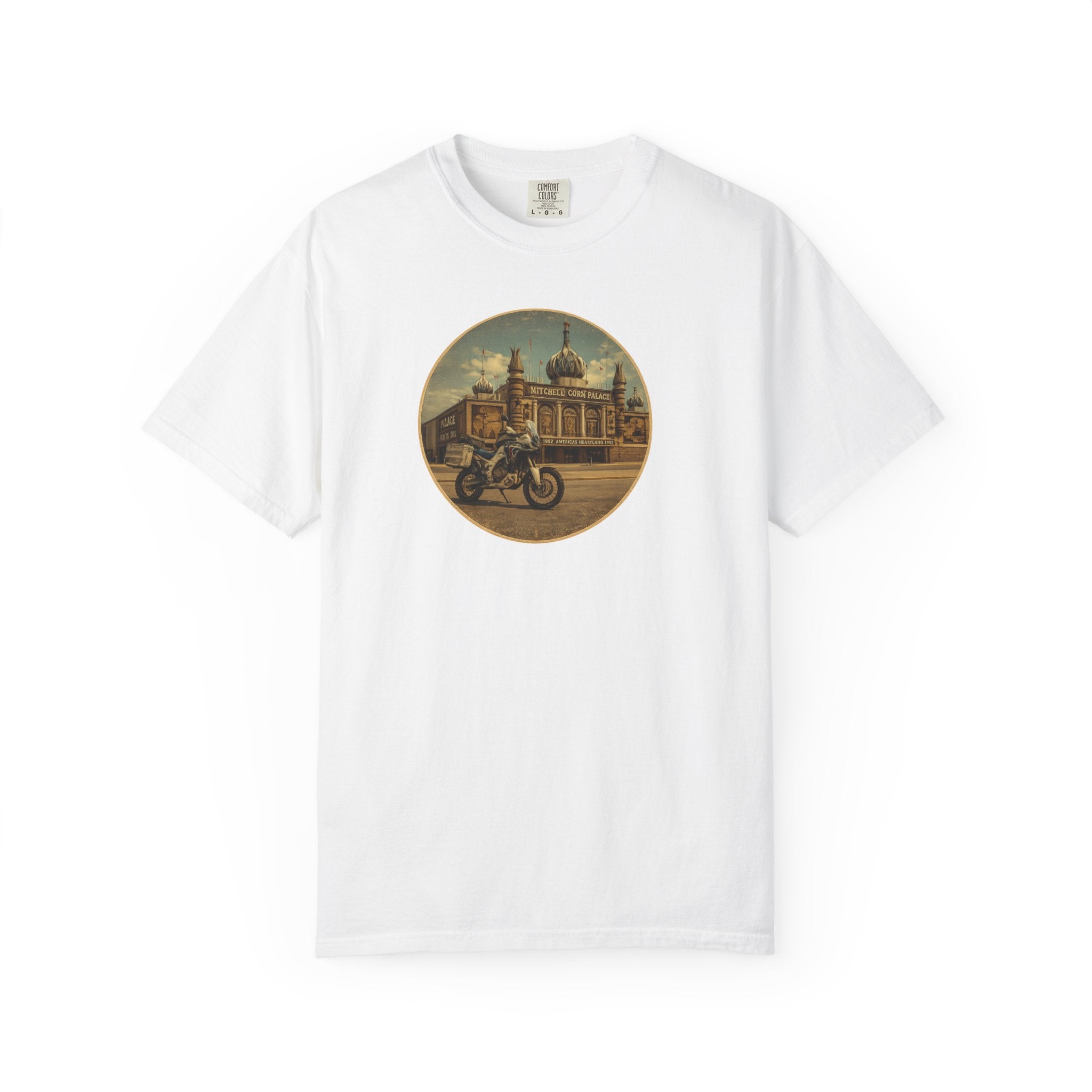 Vintage Motorcycle T-Shirt — Rider in Front of Historic Cathedral