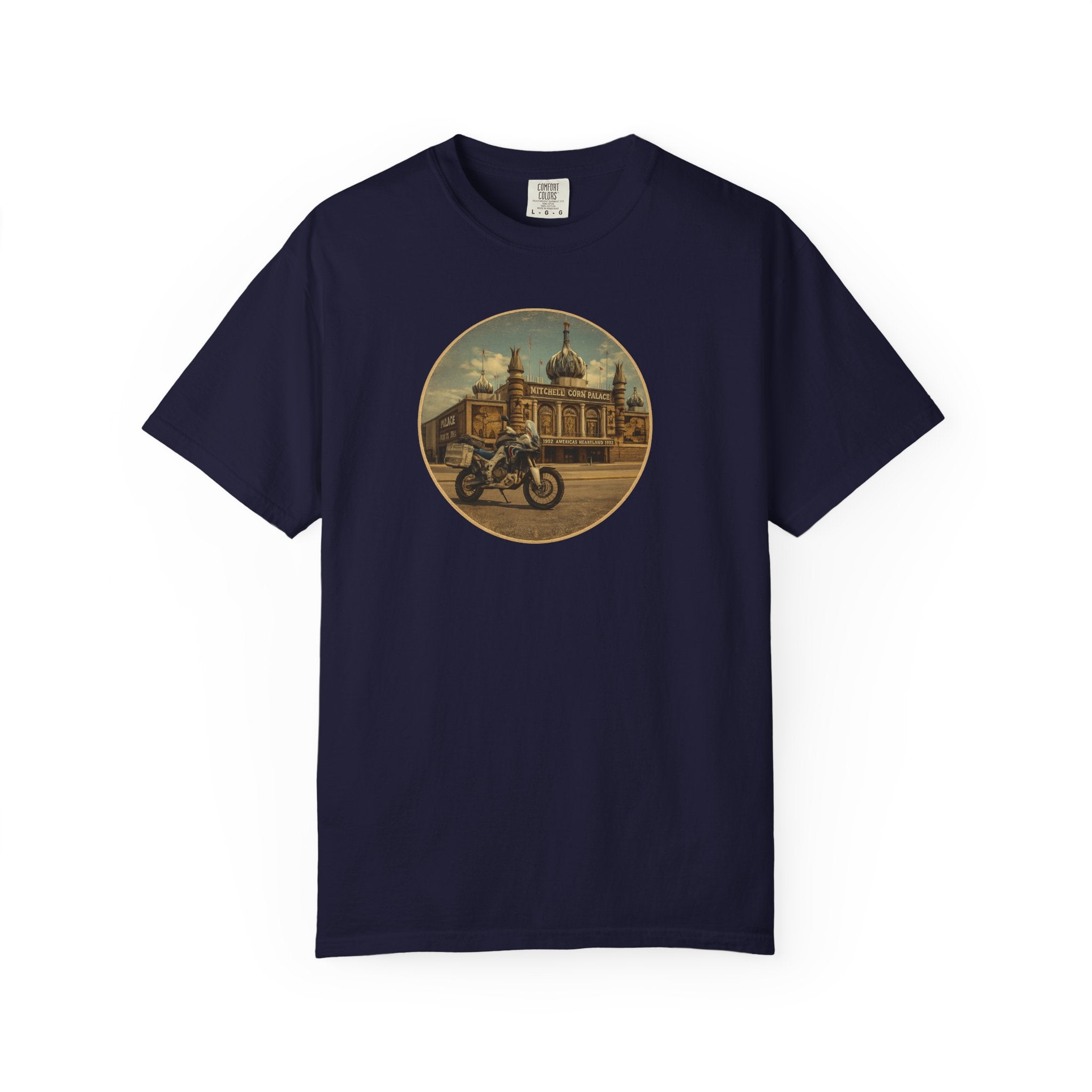Vintage Motorcycle T-Shirt — Rider in Front of Historic Cathedral