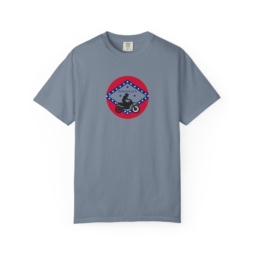 Copy of Arkansas Motorcycle Rider Graphic T-Shirt — State Flag Circle Design
