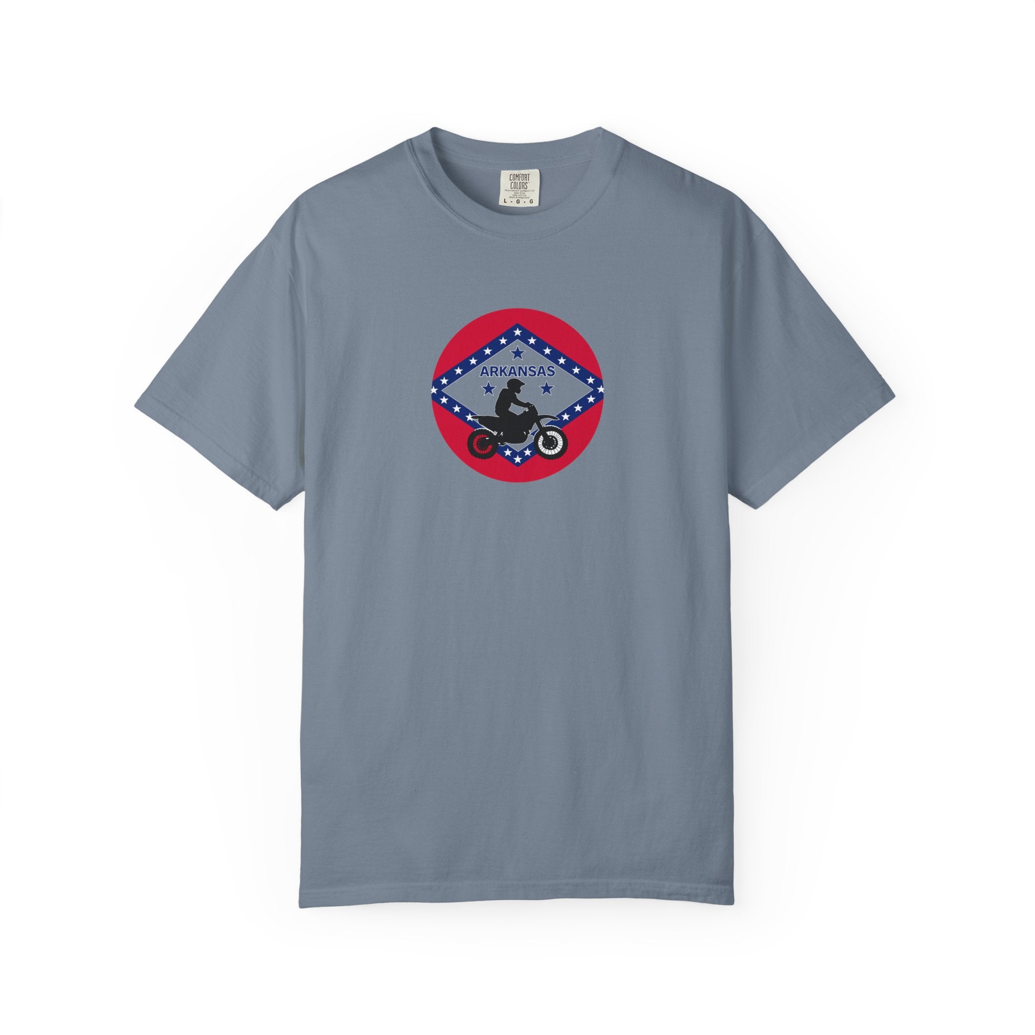 Copy of Arkansas Motorcycle Rider Graphic T-Shirt — State Flag Circle Design