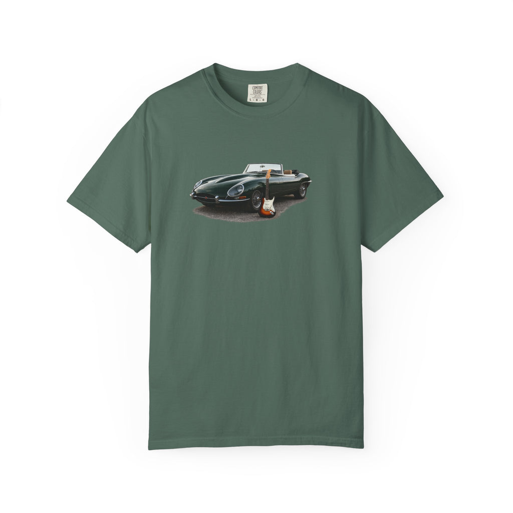 Classic Sports Car Tee — Vintage Jaguar with Guitar Graphic
