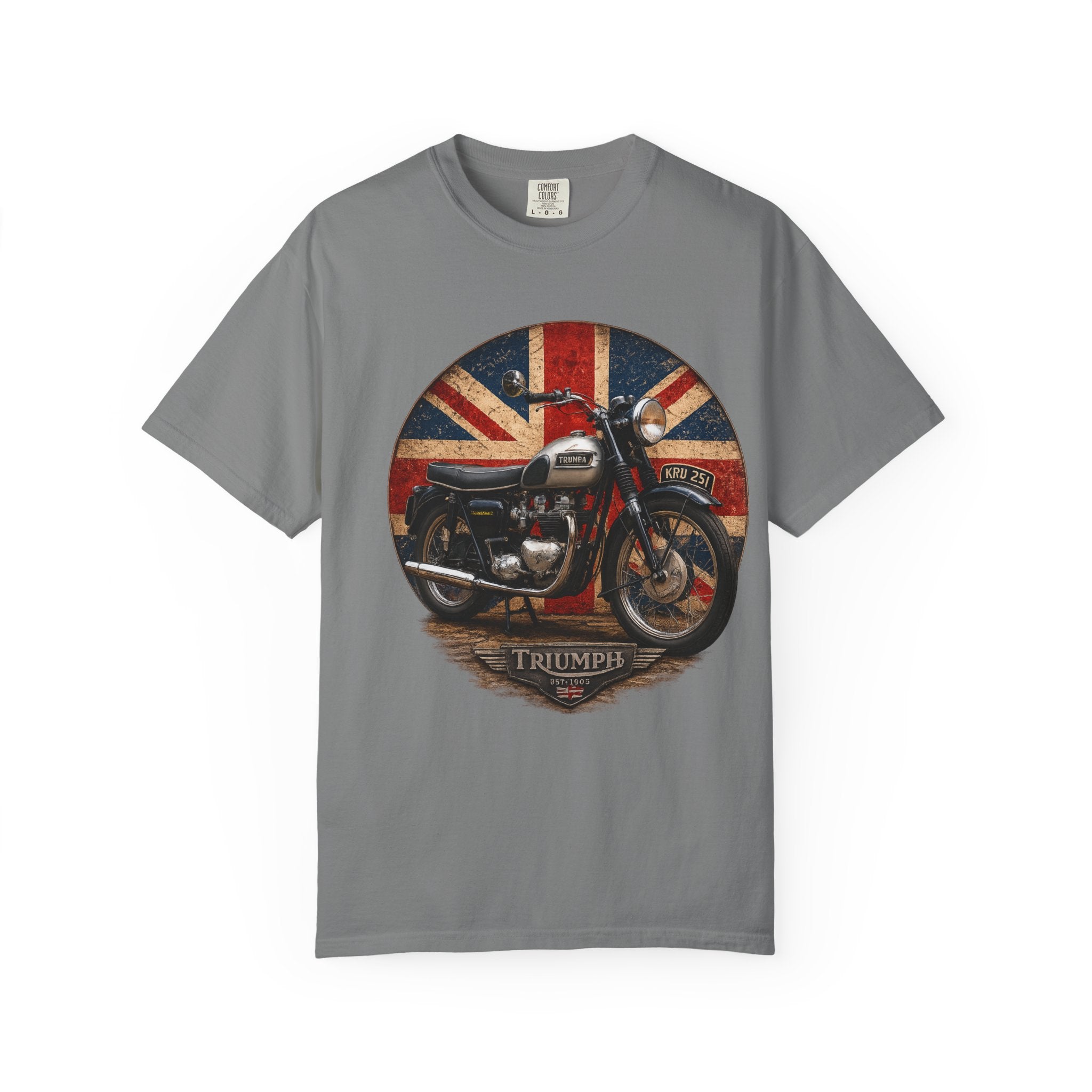 Classic Triumph Motorcycle T-Shirt — Vintage British Flag Ride Tee