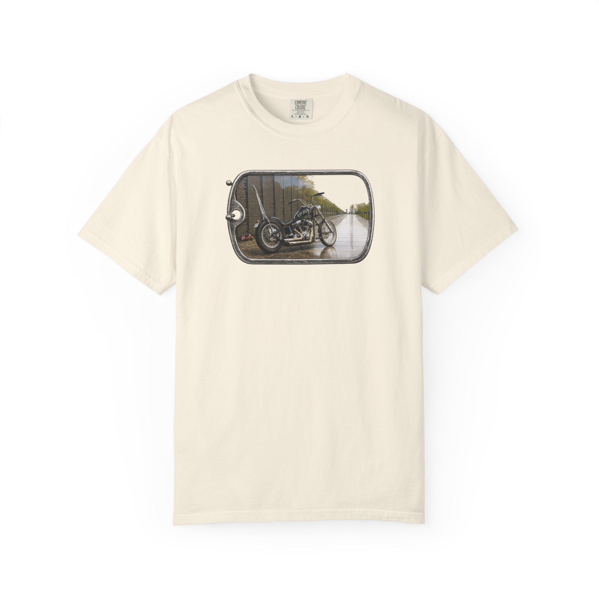 Vintage Motorcycle Dog Tag T-Shirt — Retro Chopper Scenic Print